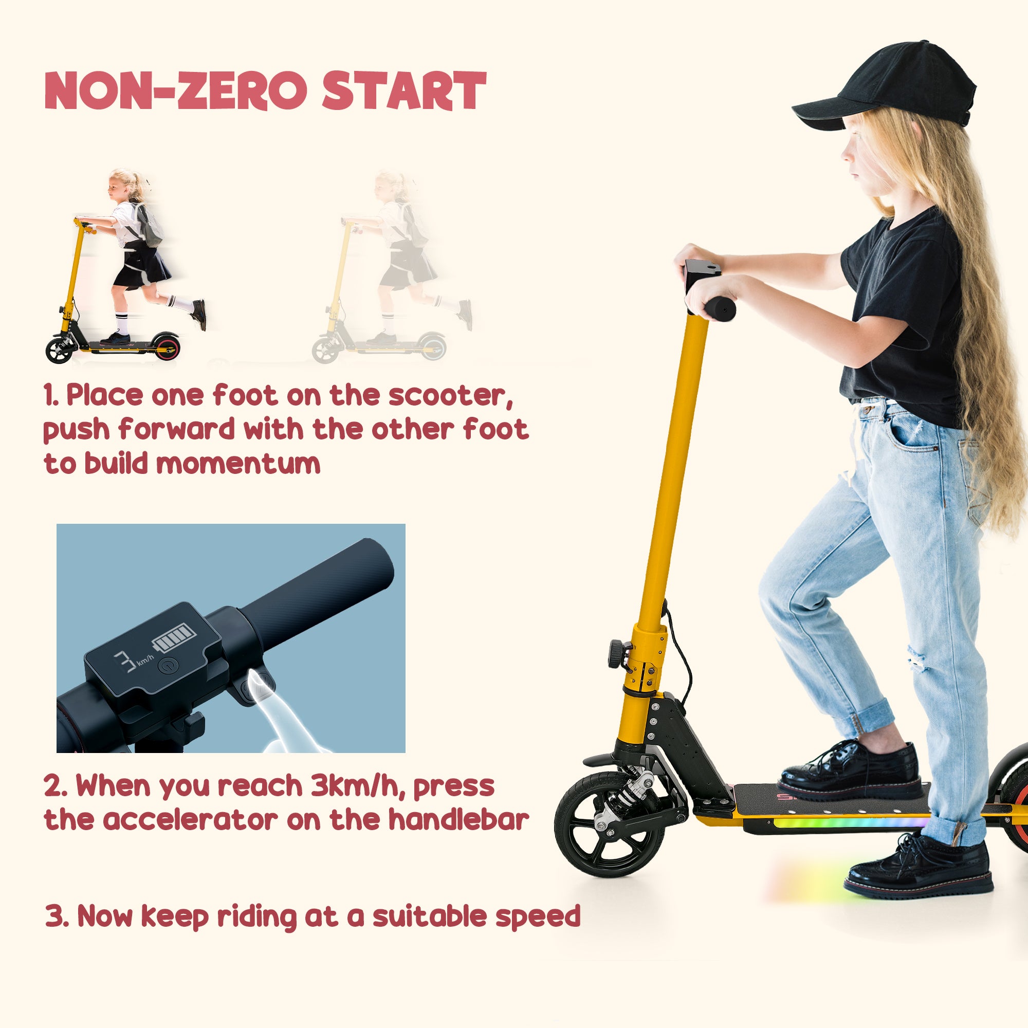 SPORTNOW Folding Electric Scooter for Kids Age 6-14 with Dual Brakes, Front Suspension, LED Colourful Lights and Display, 6.8kg Lightweight Aluminium E Scooter, Up to 14 KM/H & 6 KM, Gold Tone - anydaydirect