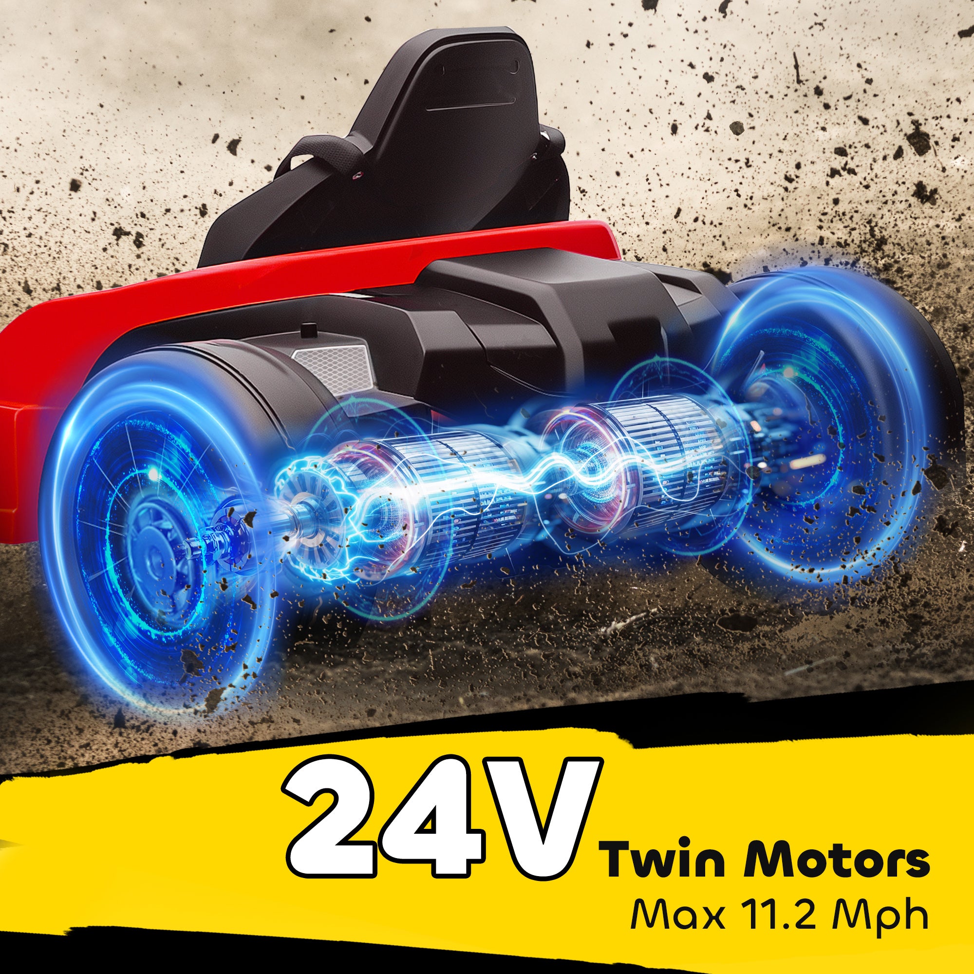 AIYAPLAY 24V Electric Go Kart, Drift Kart with Adjustable Seat, Slow Start, 5-Point Harness, Music, Horn, for 6-12 Years, Red - anydaydirect