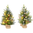 HOMCOM 2 Pieces 2ft Prelit Artificial Christmas Tree with LED Light and 141 Tips, Concrete Base, Tabletop Xmas Tree with Pine Cones and Red Berries, Green - anydaydirect