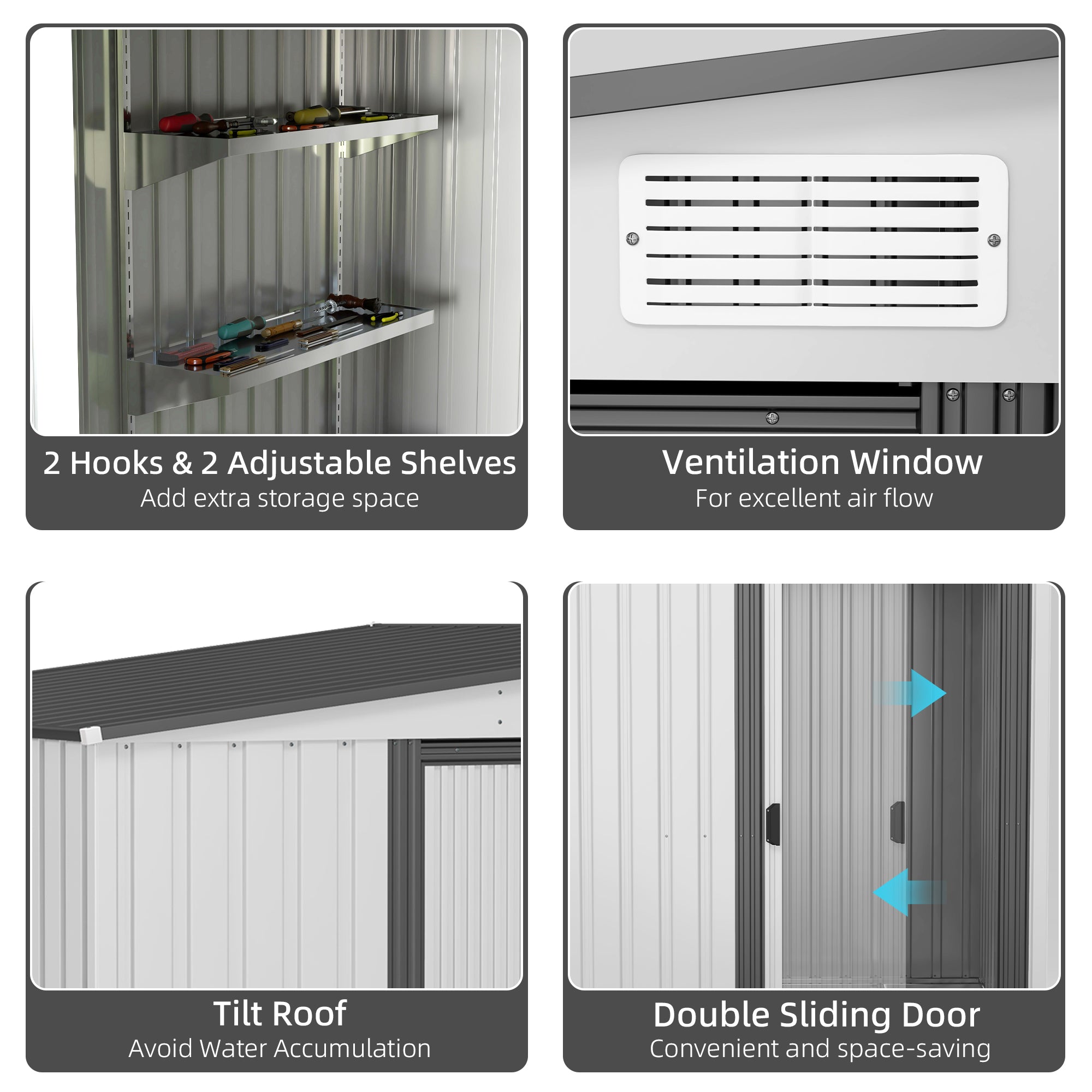 Outsunny 5 x 7FT Galvanised Metal Shed with Foundation, Lean to Tool Garden Shed with Sliding Doors and 2 Vents, White - anydaydirect