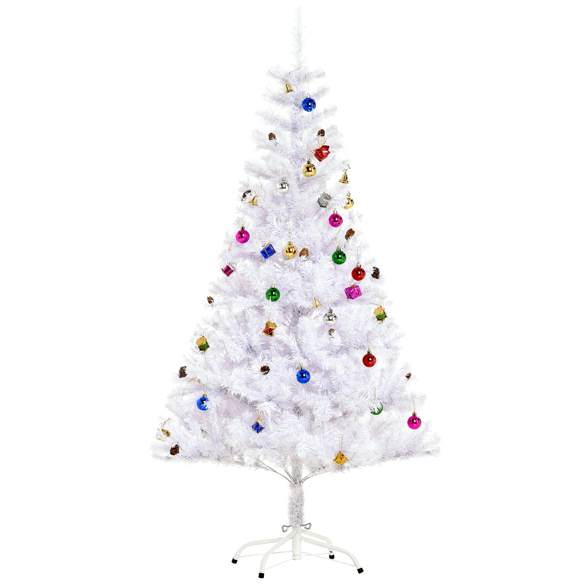 HOMCOM 4.9ft Artificial Christmas Tree Holiday Home Decoration with Xmas Ornaments and Metal Stand, White - anydaydirect