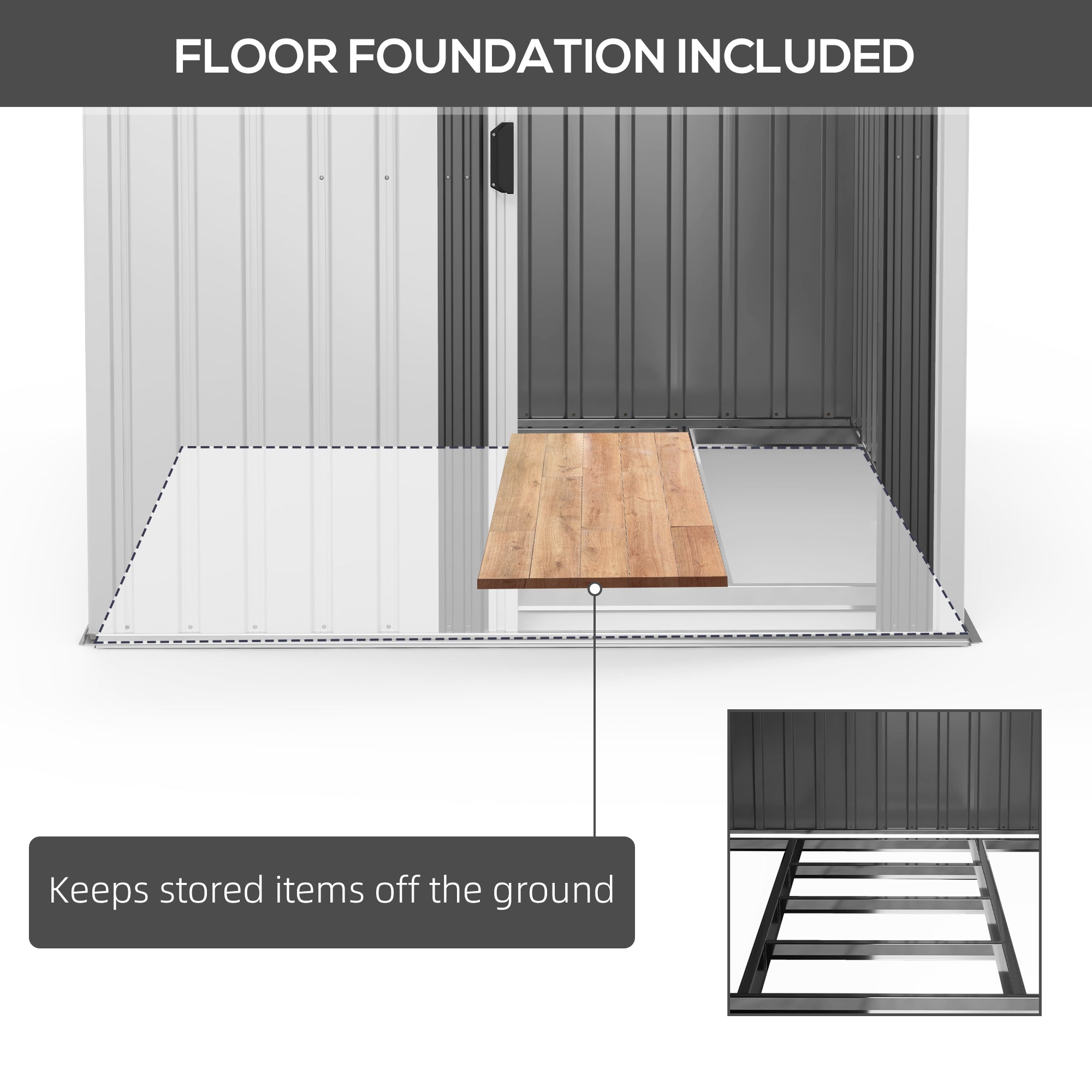 Outsunny 5 x 7FT Galvanised Metal Shed with Foundation, Lean to Tool Garden Shed with Sliding Doors and 2 Vents, White - anydaydirect