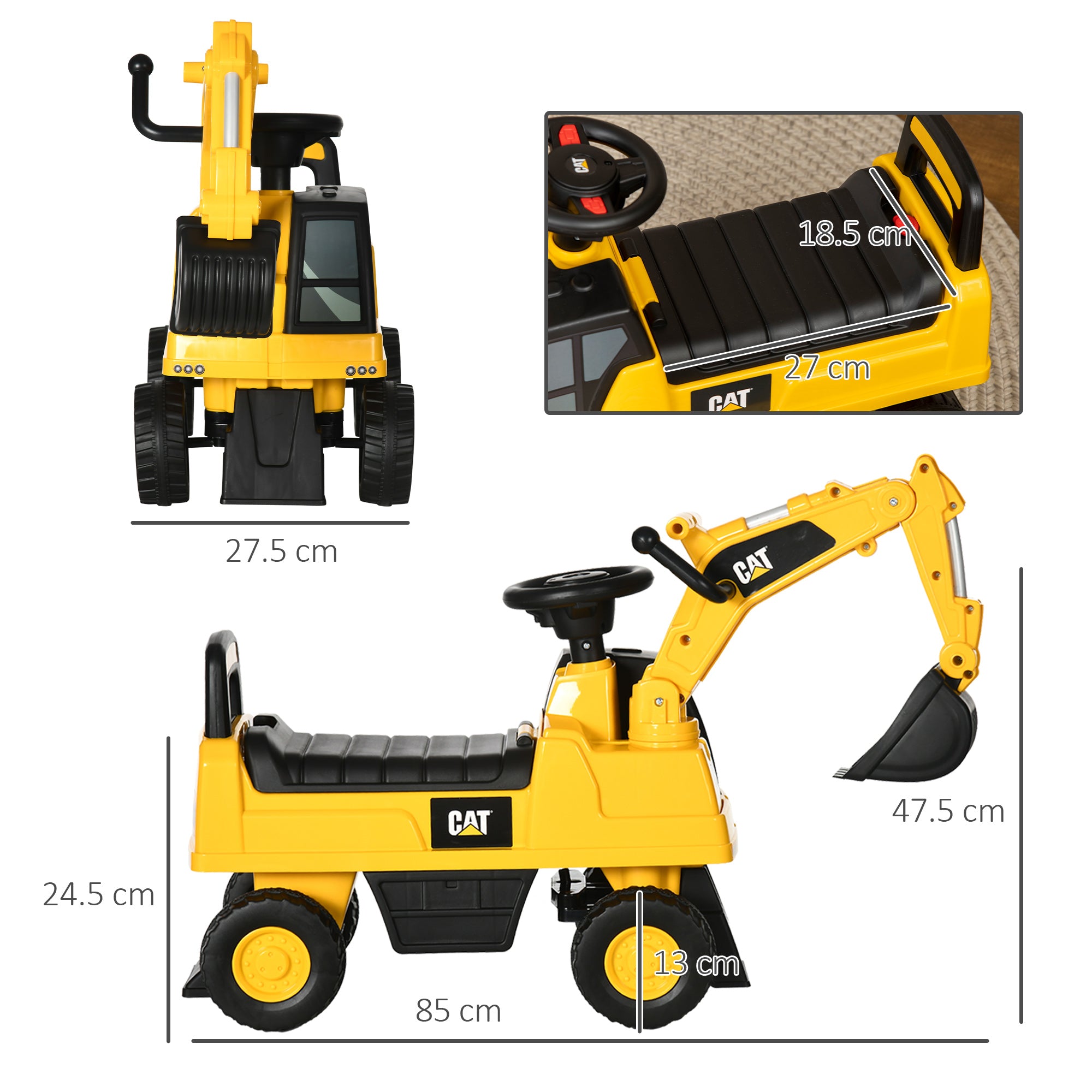 HOMCOM Licensed CAT Kids Ride on Digger Excavator with Manual Bucket, Toddler Pretend Construction Play Toy with Horn Under Seat Storage - anydaydirect