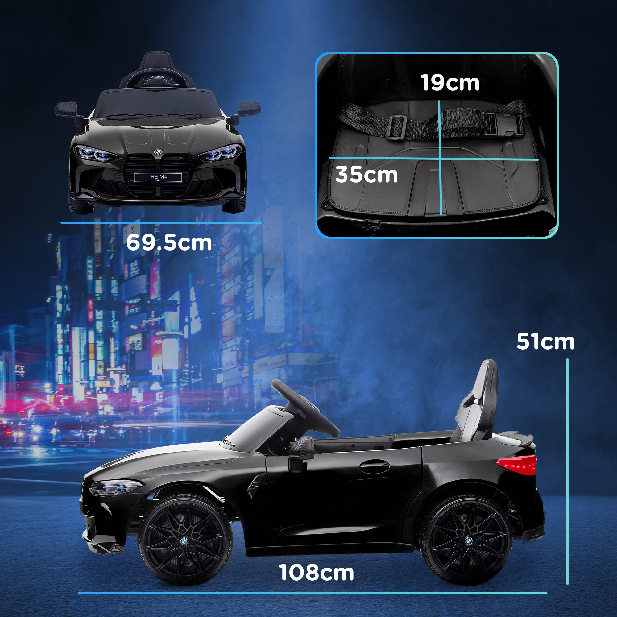 AIYAPLAY 12V BMW M4 Licensed Kids Car with Easy Transport, Remote Control, Suspension, Music, Horn, LED Lights - Black - anydaydirect
