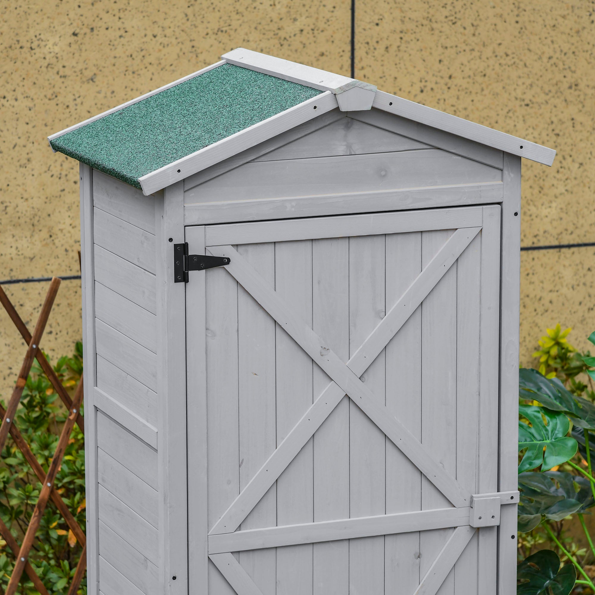 Outsunny Wooden Garden Cabinet 3-Tier Storage Shed 2 Shelves Lockable Organizer with Hooks Foot Pad 74 x 55 x 155cm Light Grey - anydaydirect