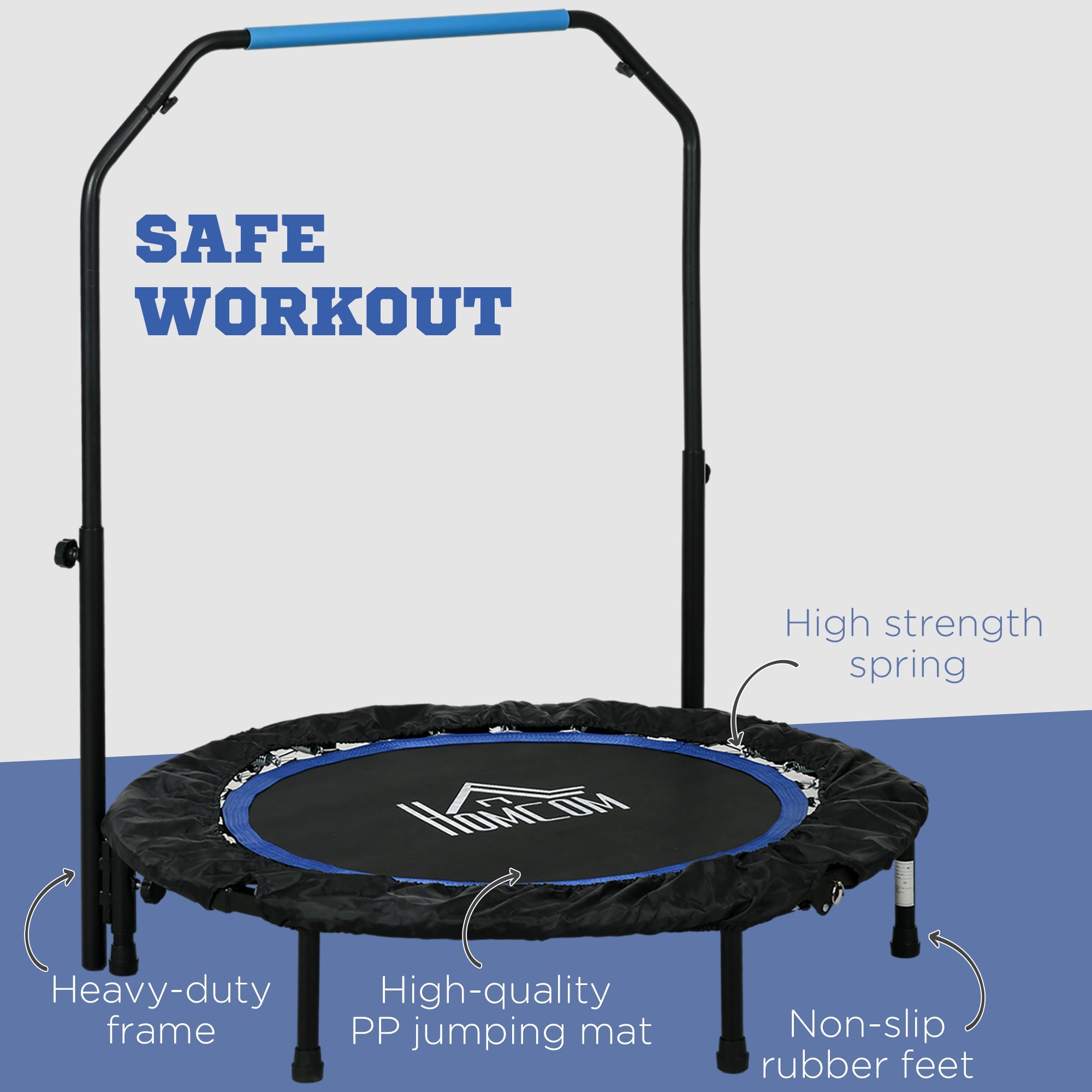 HOMCOM 40" Foldable Mini Fitness Trampoline, with Adjustable Foam Handle, Blue - anydaydirect