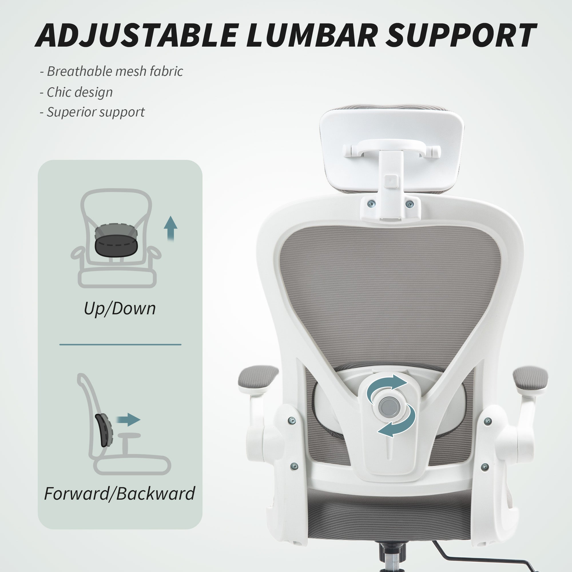 HOMCOM Executive Office Chair, Ergonomic Mesh High Back Desk Chair with Flip-up Armrest, Rotatable Headrest, Adjustable Lumbar Support for Home Study, Grey - anydaydirect