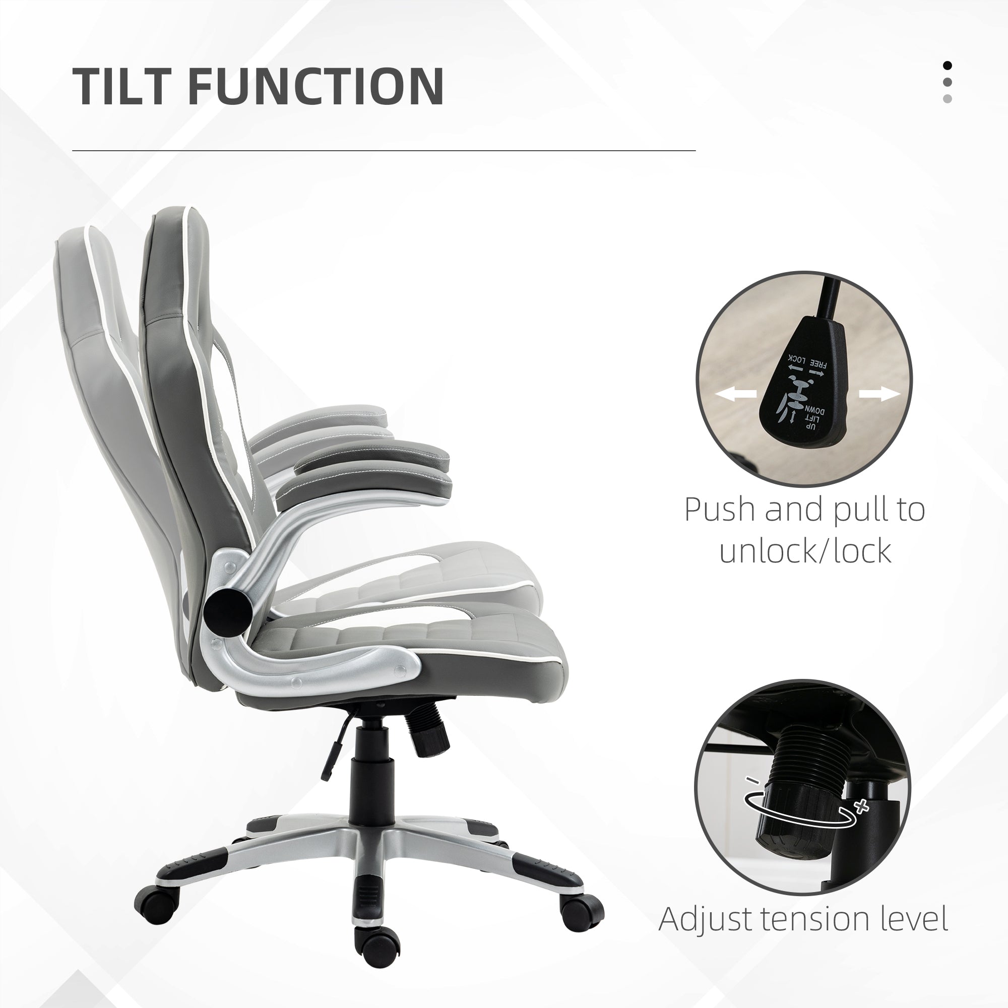 Vinsetto Computer Gaming Chair, Office Desk Swivel Chair, PU Leather Racing Chair with 90° Flip-up Armrest, Adjustable Height and Rolling Wheels, Grey - anydaydirect