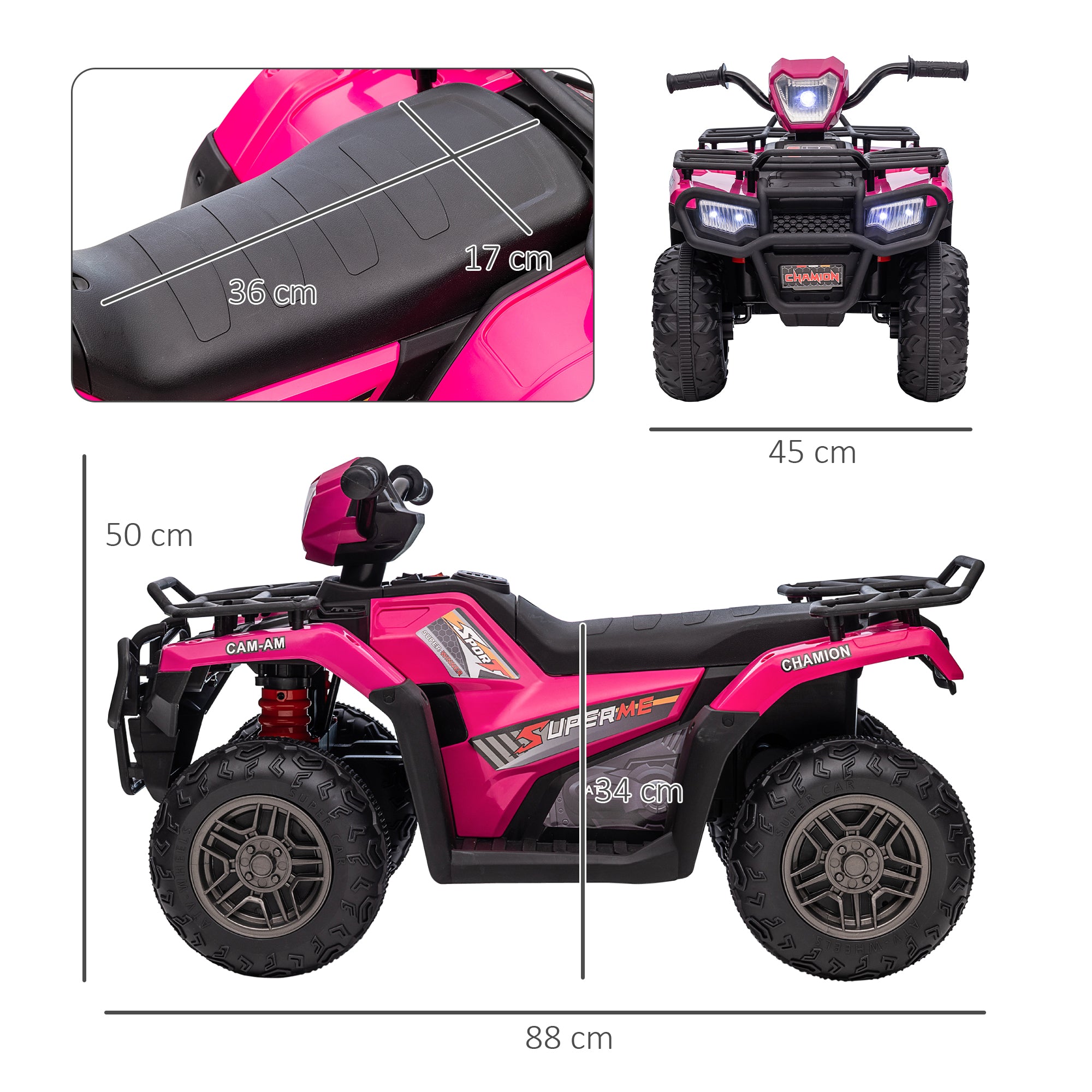 HOMCOM 12V Kids Quad Bike with Forward Reverse Functions, Ride On ATV with Music, LED Headlights, for Ages 3-5 Years - Pink - anydaydirect
