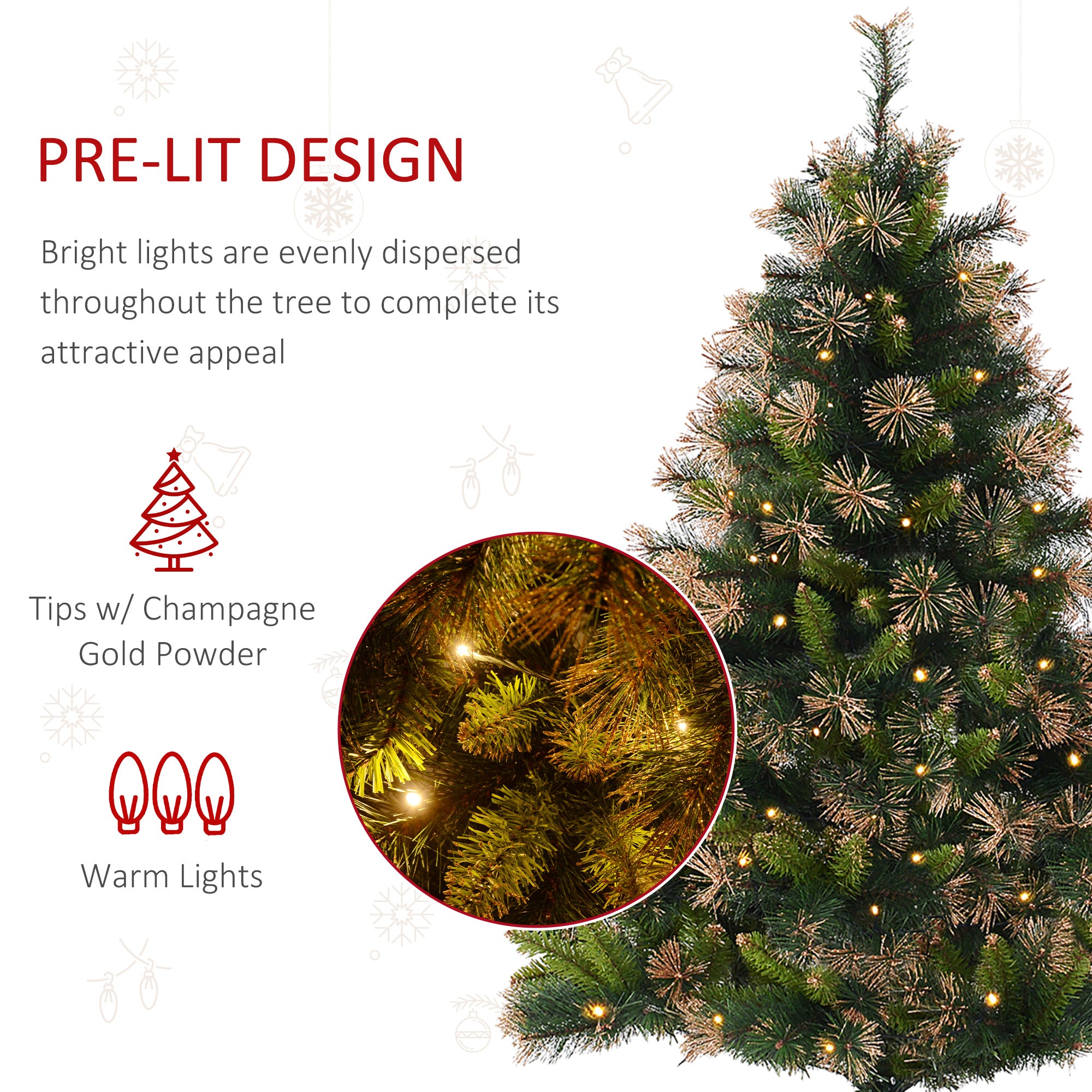 HOMCOM 1.5m Prelit Christmas Tree Artificial Tree, Metal Stand-Green - anydaydirect