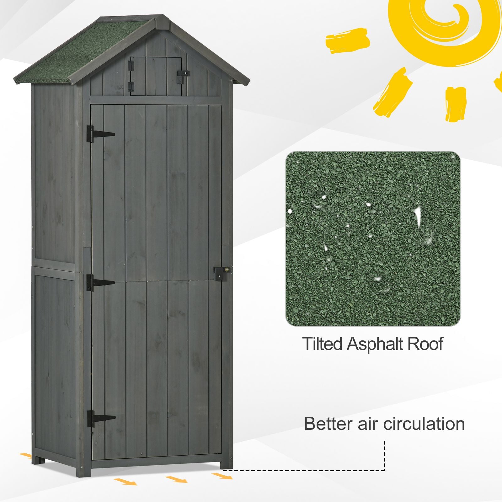 Outsunny Garden Shed Vertical Utility 3 Shelves Shed Wood Outdoor Garden Tool Storage Unit Storage Cabinet, 77 x 54.2 x 179cm - Grey - anydaydirect