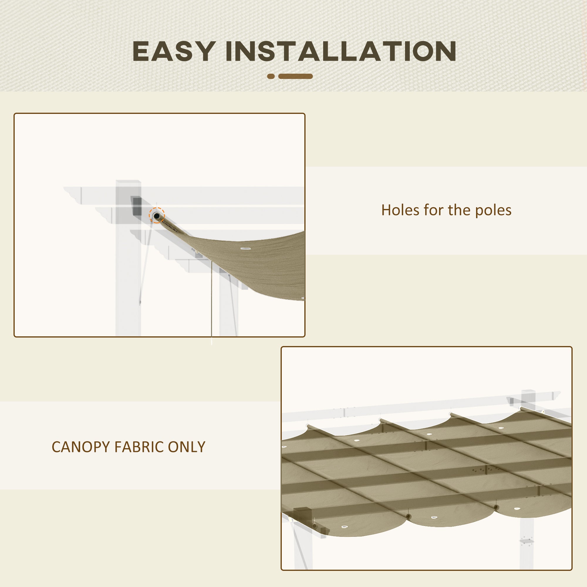 Outsunny Retractable Pergola Shade Cover, Replacement Canopy Fabric for 3 x 3 (m) Pergola, Gazebo Retractable Roof, Tan - anydaydirect