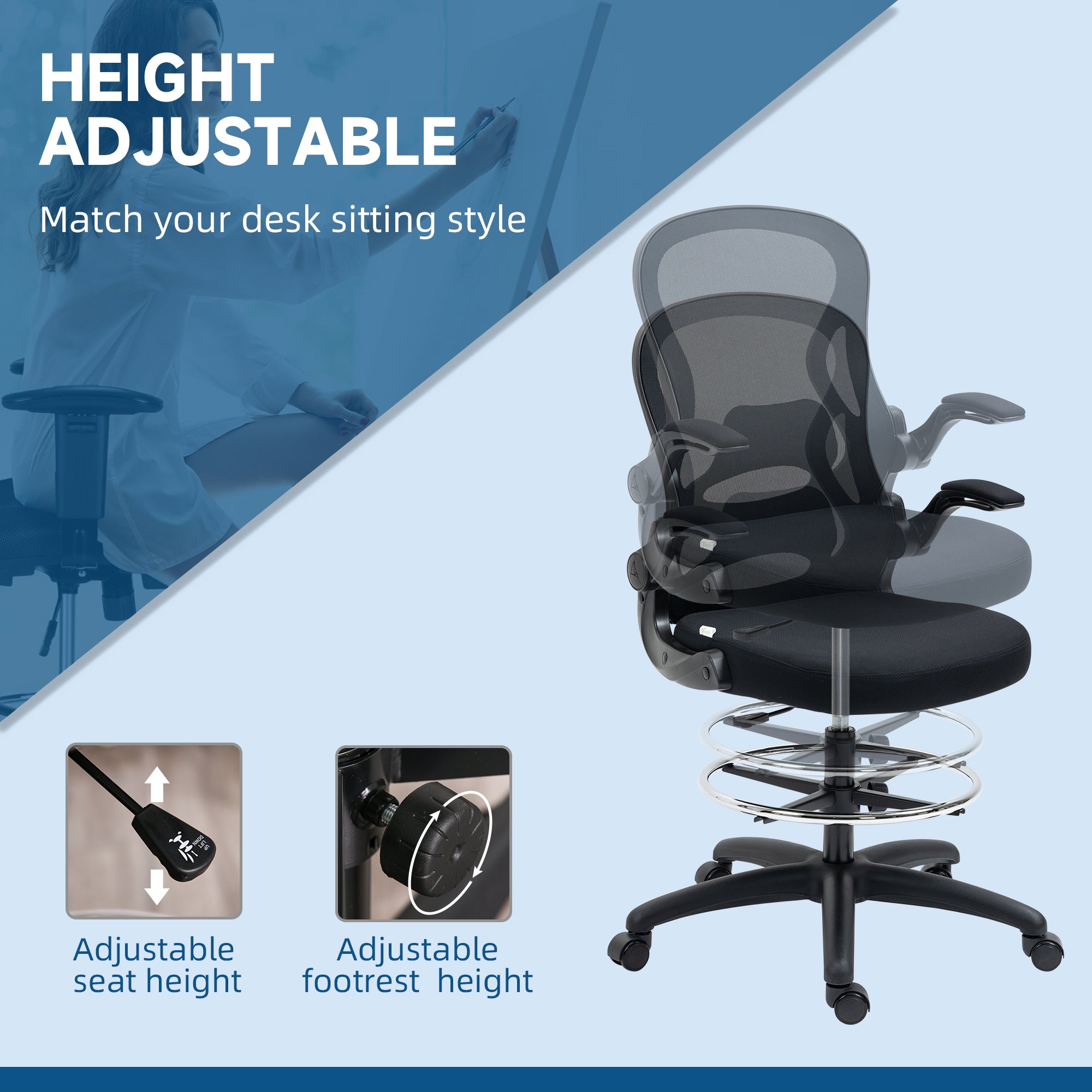 Vinsetto Adjustable Mesh Standing Desk Chair with Flip-up Armrests Lumbar Support Armrests Adjustable Footrest Ring Black - anydaydirect
