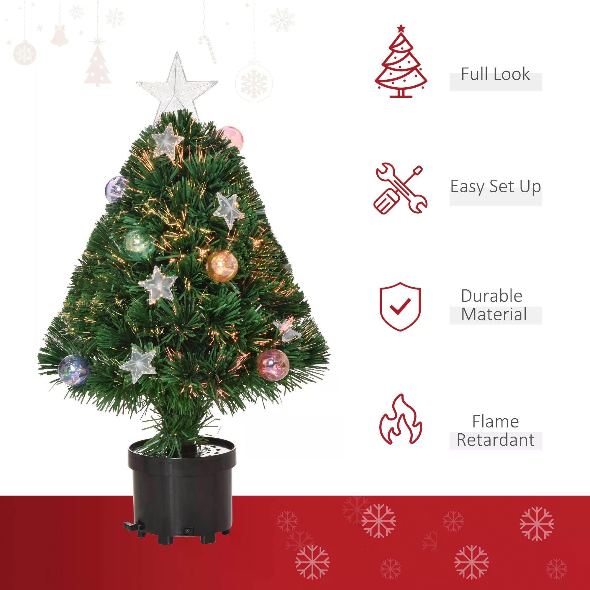HOMCOM 2FT Pre-lit Artificial Christmas Tree Tabletop Multicoloured Fibre Optic Xmas Decoration w/ LED Lights Pot Table Desk - Green - anydaydirect
