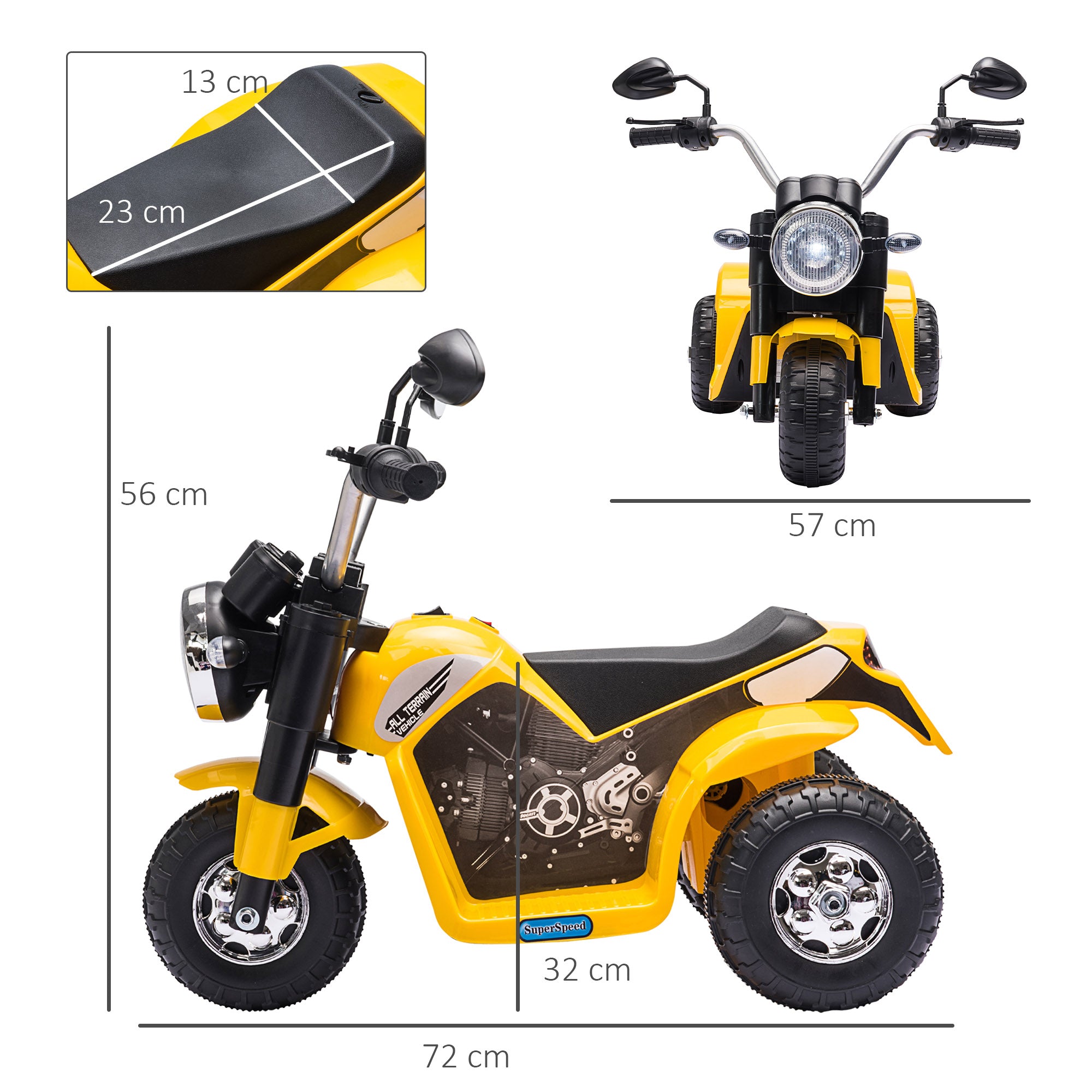 HOMCOM Kids Electric Motorcycle Ride-On Toy 3-Wheels Battery Powered Motorbike Rechargeable 6V with Horn Headlights for 18 - 36 Months Yellow - anydaydirect