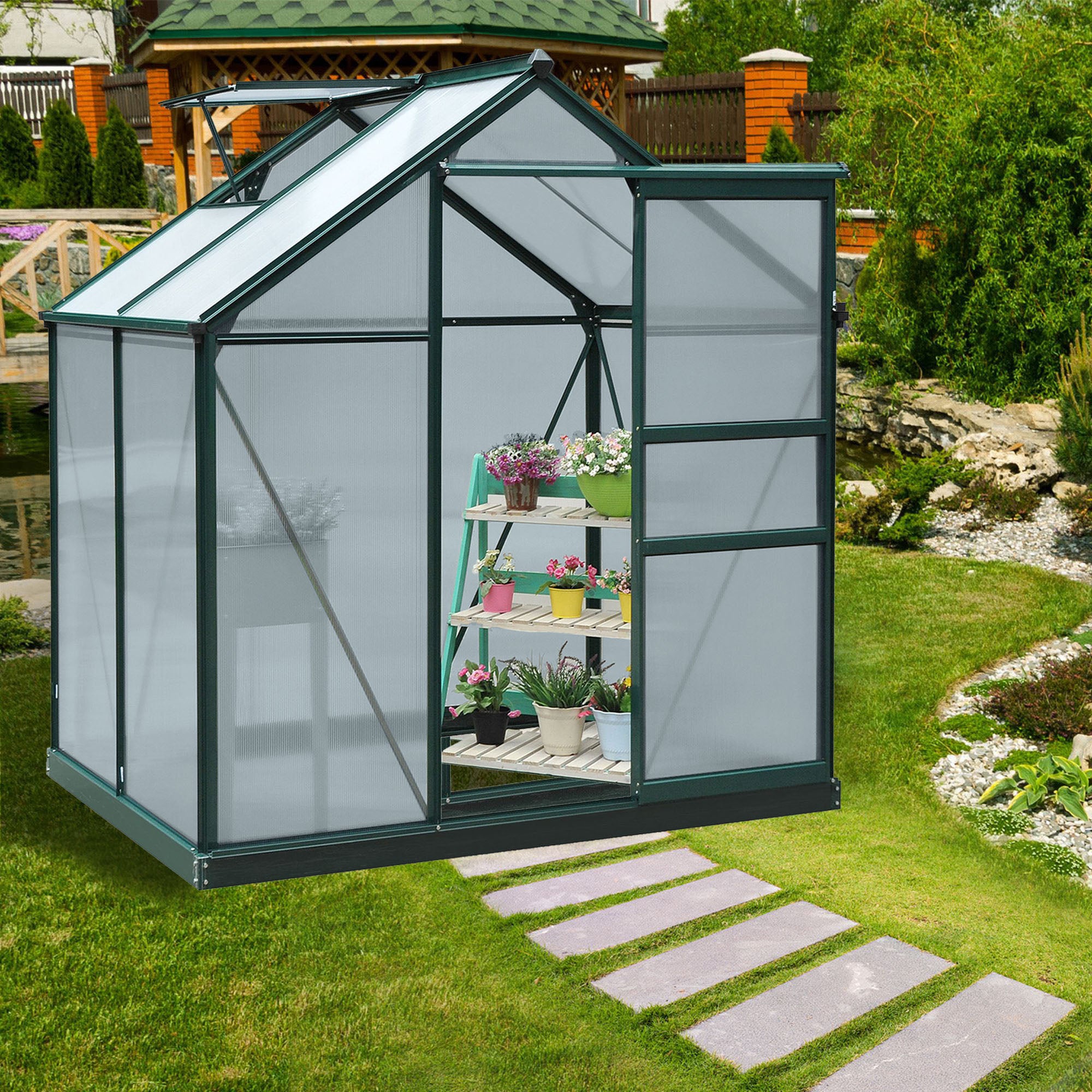 Outsunny 6 x 4ft Polycarbonate Greenhouse, Large Walk-In Green House with Slide Door and Window, Garden Plants Grow House with Aluminium Frame and Foundation, Dark Green - anydaydirect