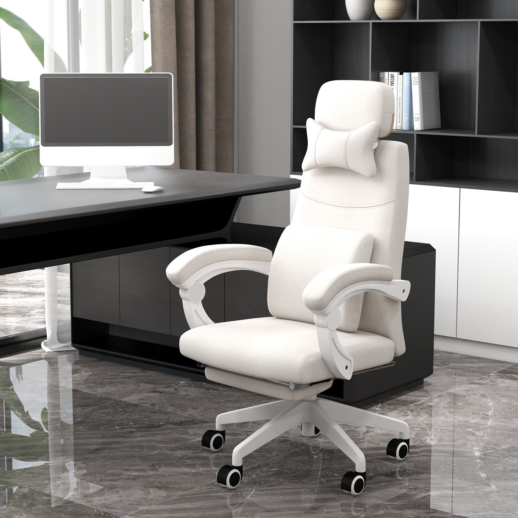 Vinsetto Linen-Look Office Chair, with 160° Reclining Back and Footrest - White - anydaydirect