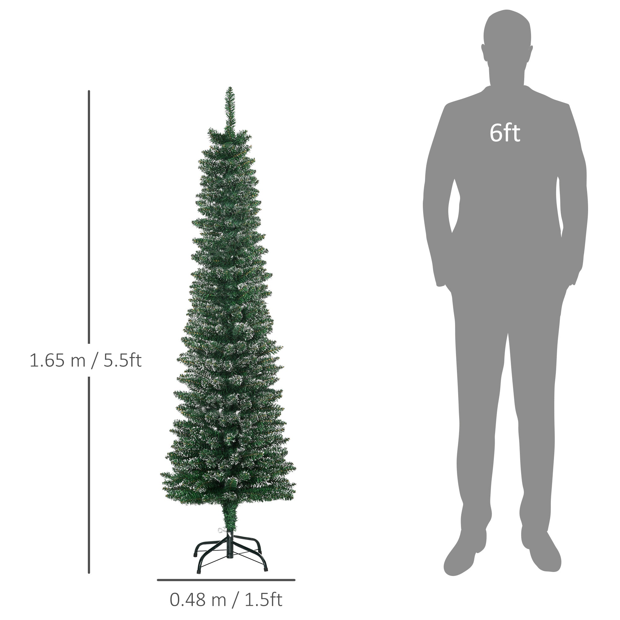 HOMCOM 5.5FT Artificial Snow Dipped Christmas Tree Xmas Pencil Tree Holiday Home Indoor Decoration with Foldable Black Stand, Green - anydaydirect