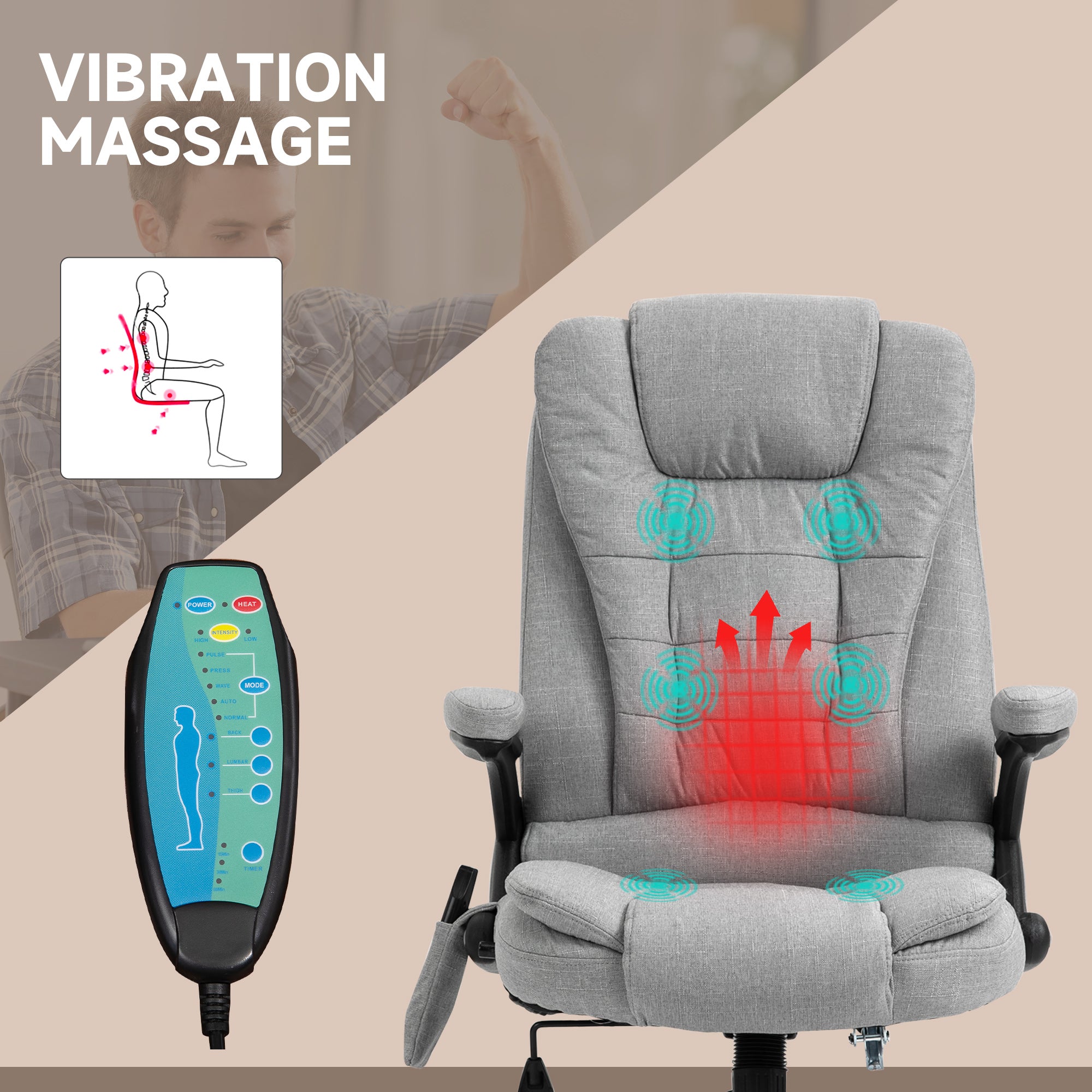 Vinsetto Office Chair, Ergonomic Desk Chair with 6-Point Massage and Back Heated, Linen-Feel Fabric Computer Gaming Chair with Arms, Lumbar Support, Light Grey - anydaydirect