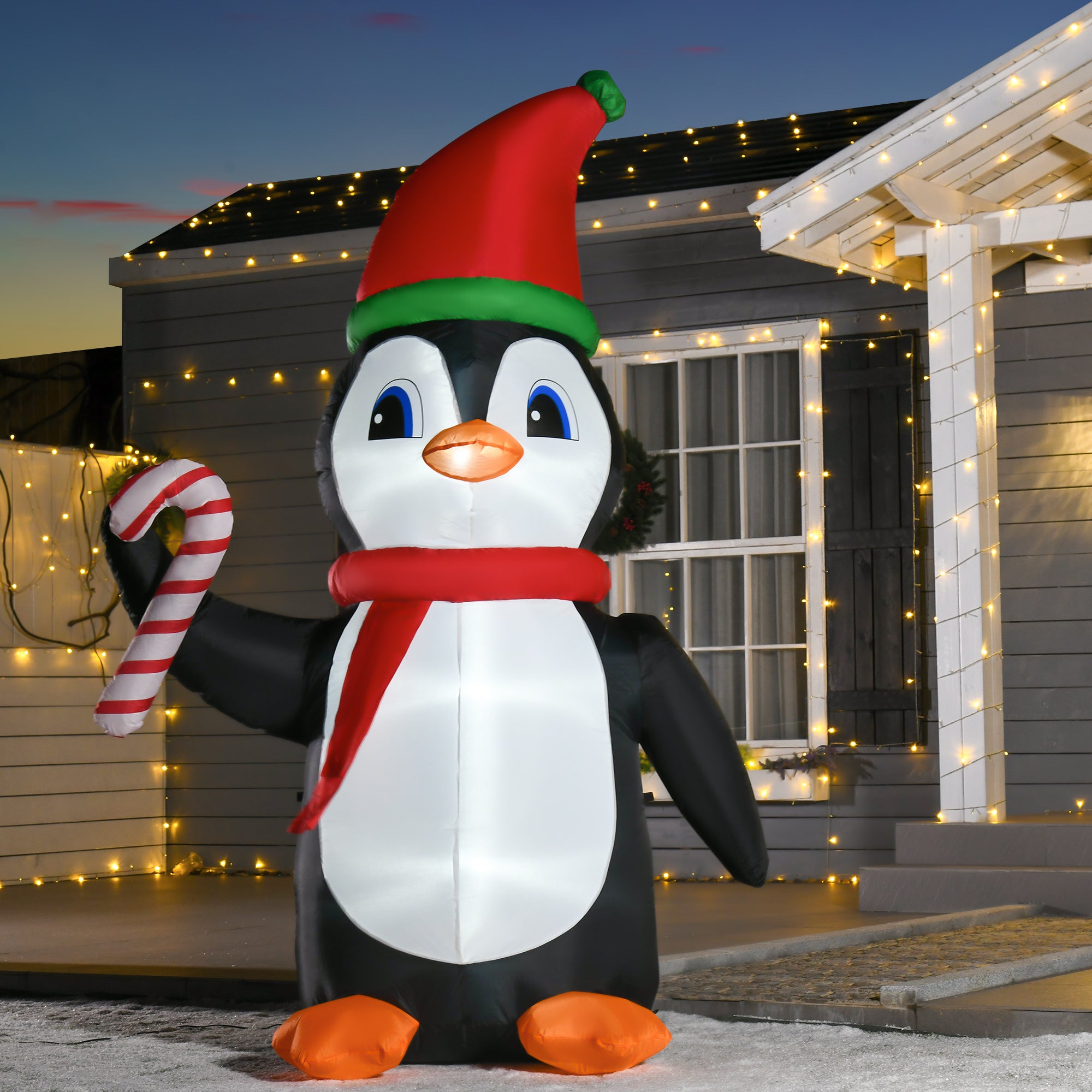 HOMCOM 2.5m Inflatable Christmas Penguin Holding Candy Cane Blow Up Outdoor Decoration with LED Lights for Holiday - anydaydirect