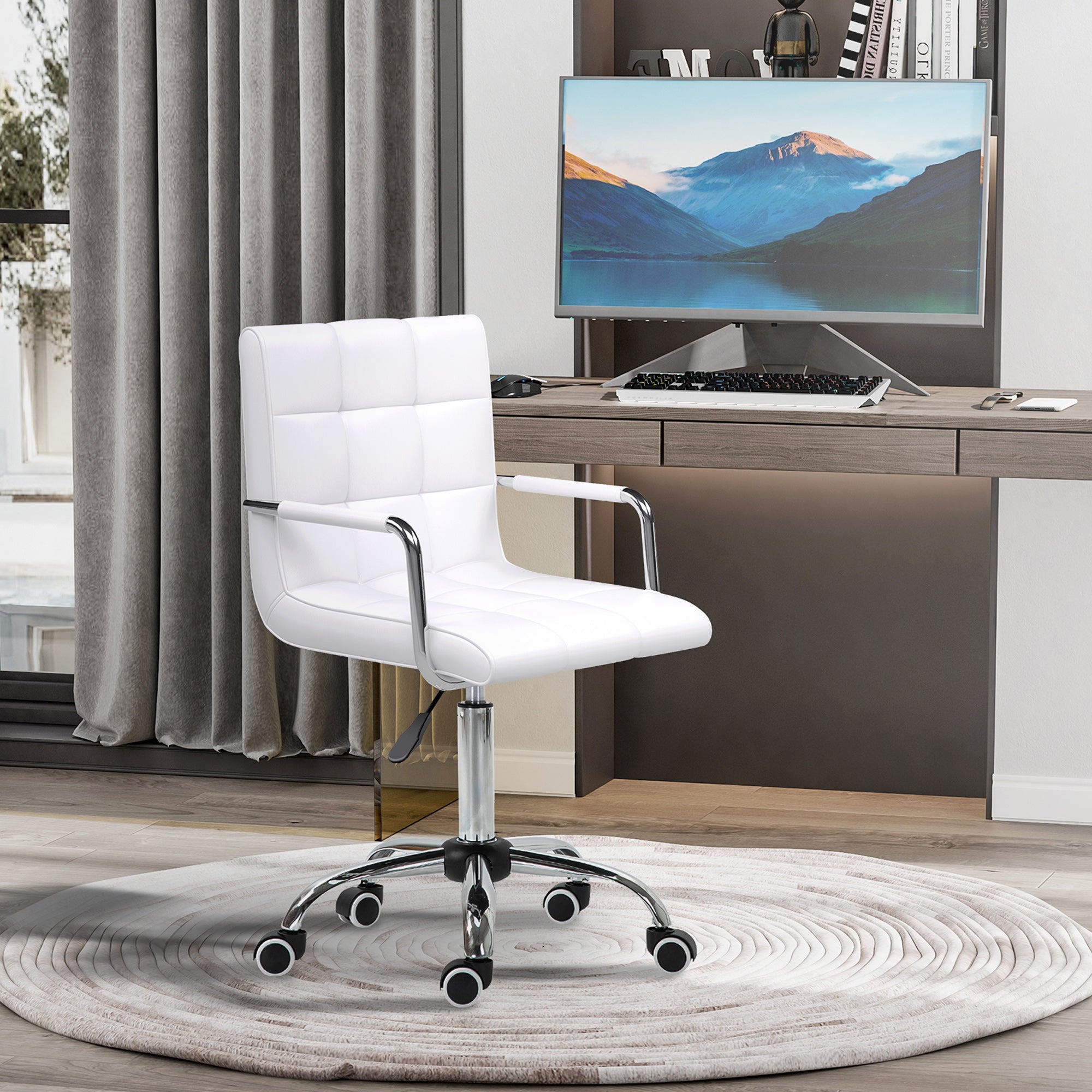 Vinsetto Office Chair, Makeup Vanity Chair, Mid Back Computer Chair, PU Leather Swivel Study Chair with Adjustable Height, Armrest and Rolling Wheels, White - anydaydirect