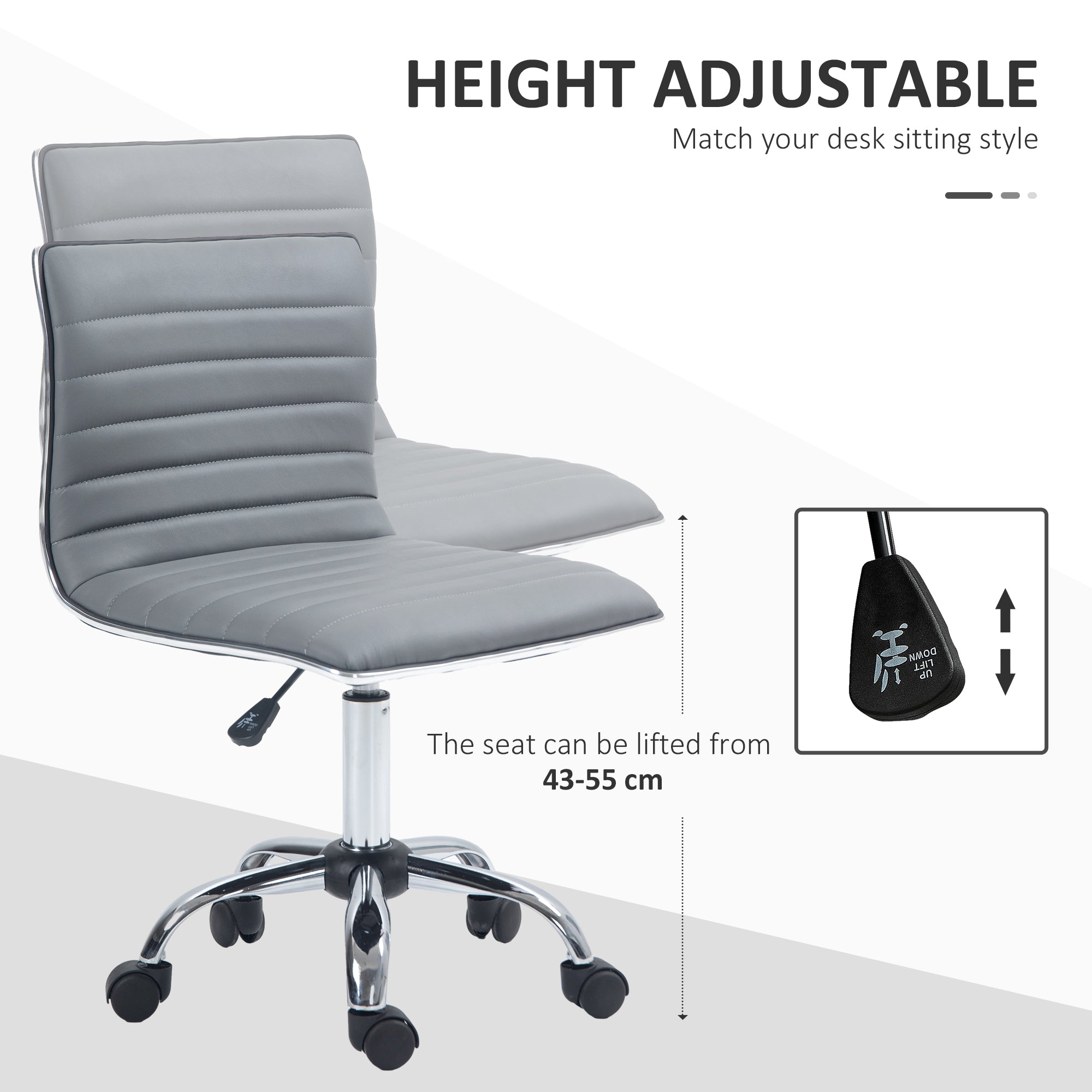 HOMCOM Adjustable Swivel Office Chair with Armless Mid-Back in PU Leather and Chrome Base - Light Grey - anydaydirect