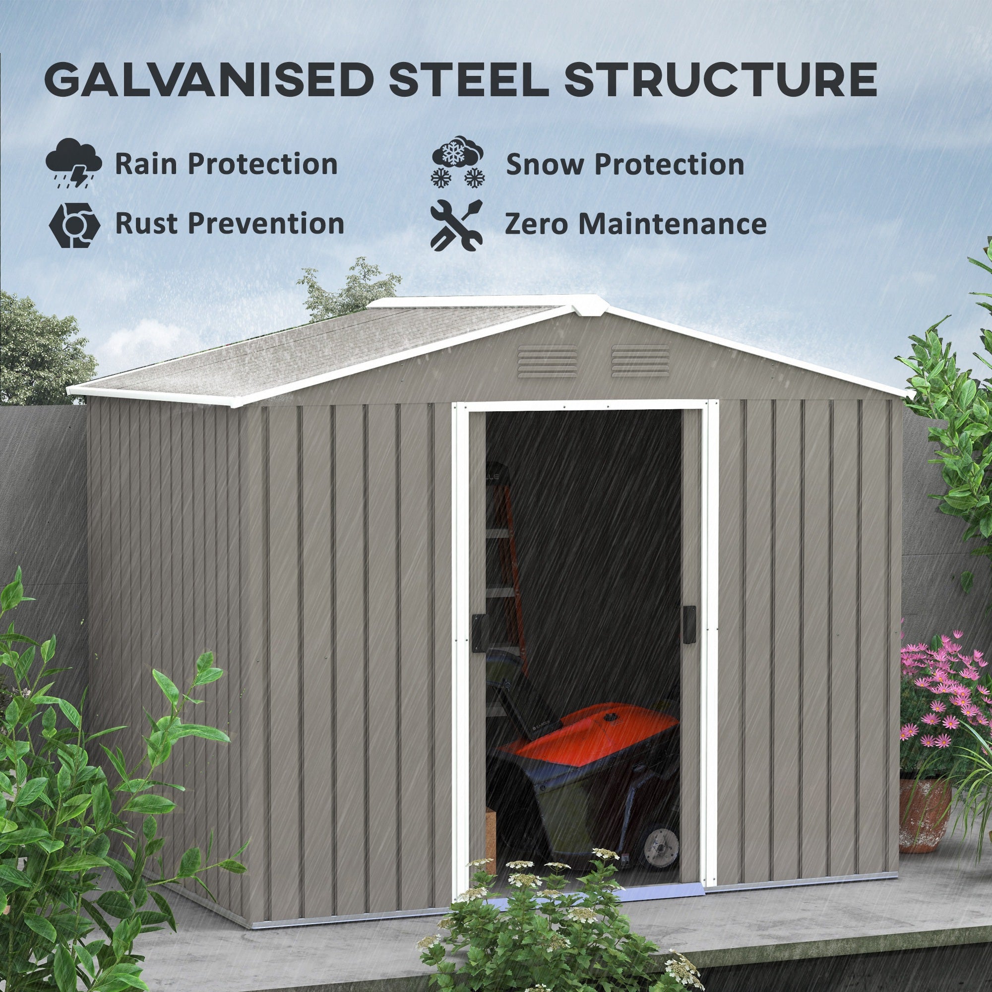 Outsunny 8 x 6ft Outdoor Garden Storage Shed, Metal Tool House with Ventilation and Sliding Doors, Light Grey - anydaydirect