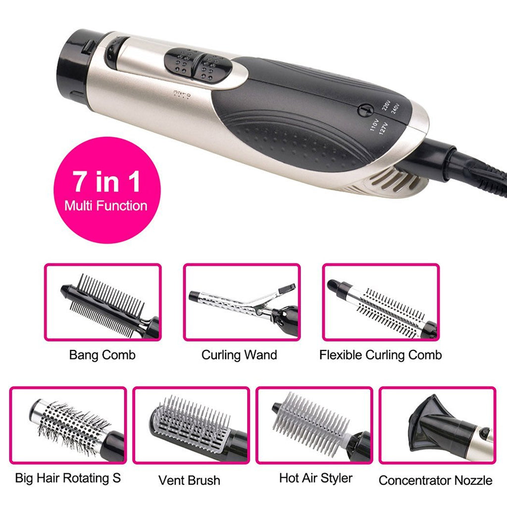 Anydaydirect 7 in 1 Hot Air Brush With 7 Head Replaceable Hair Dryer Comb One Step Blower Strong Wind Electric Straightener Roller Curler Styling Tools - anydaydirect