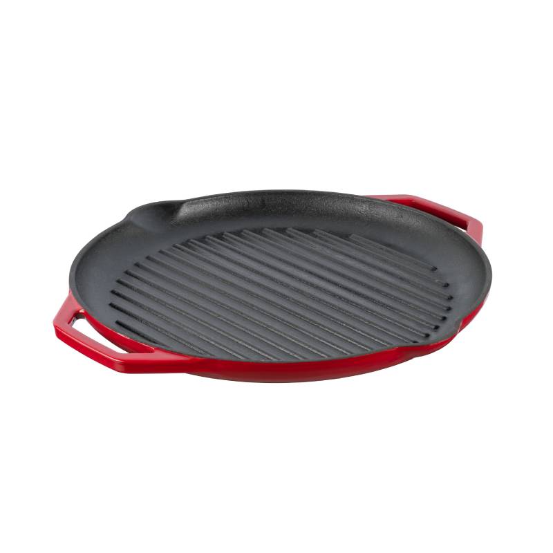 Grand Feu Red Ribbed Cast Iron Frying Pan, 34cm. - anydaydirect