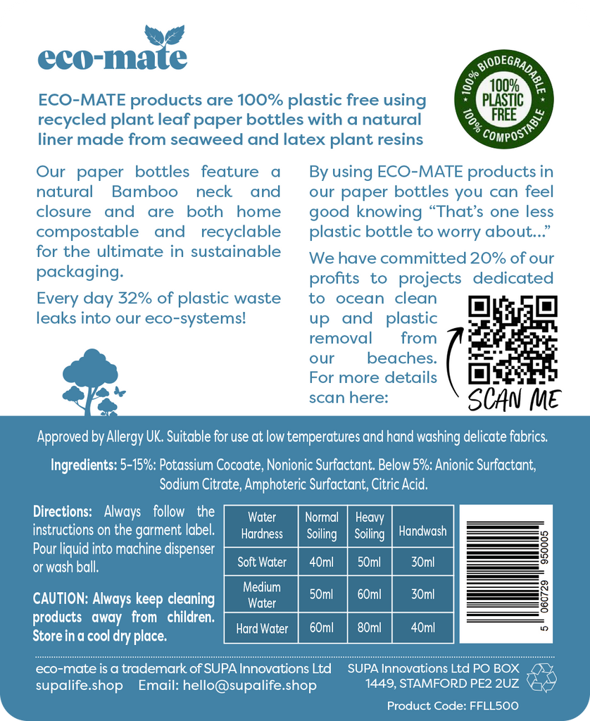 Eco Mate Fragrance Free concentrated non-bio laundry liquid - 500ml - anydaydirect