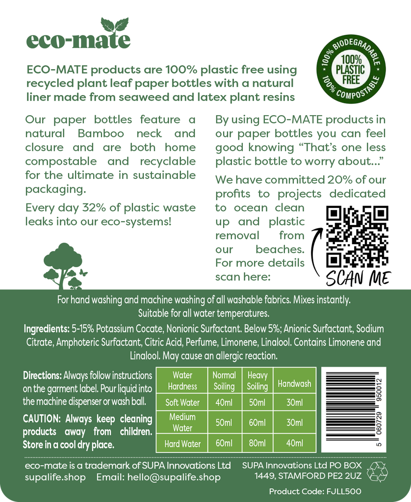 Eco Mate Fresh Juniper concentrated non-bio laundry liquid - 500ml Paper Bottle - anydaydirect