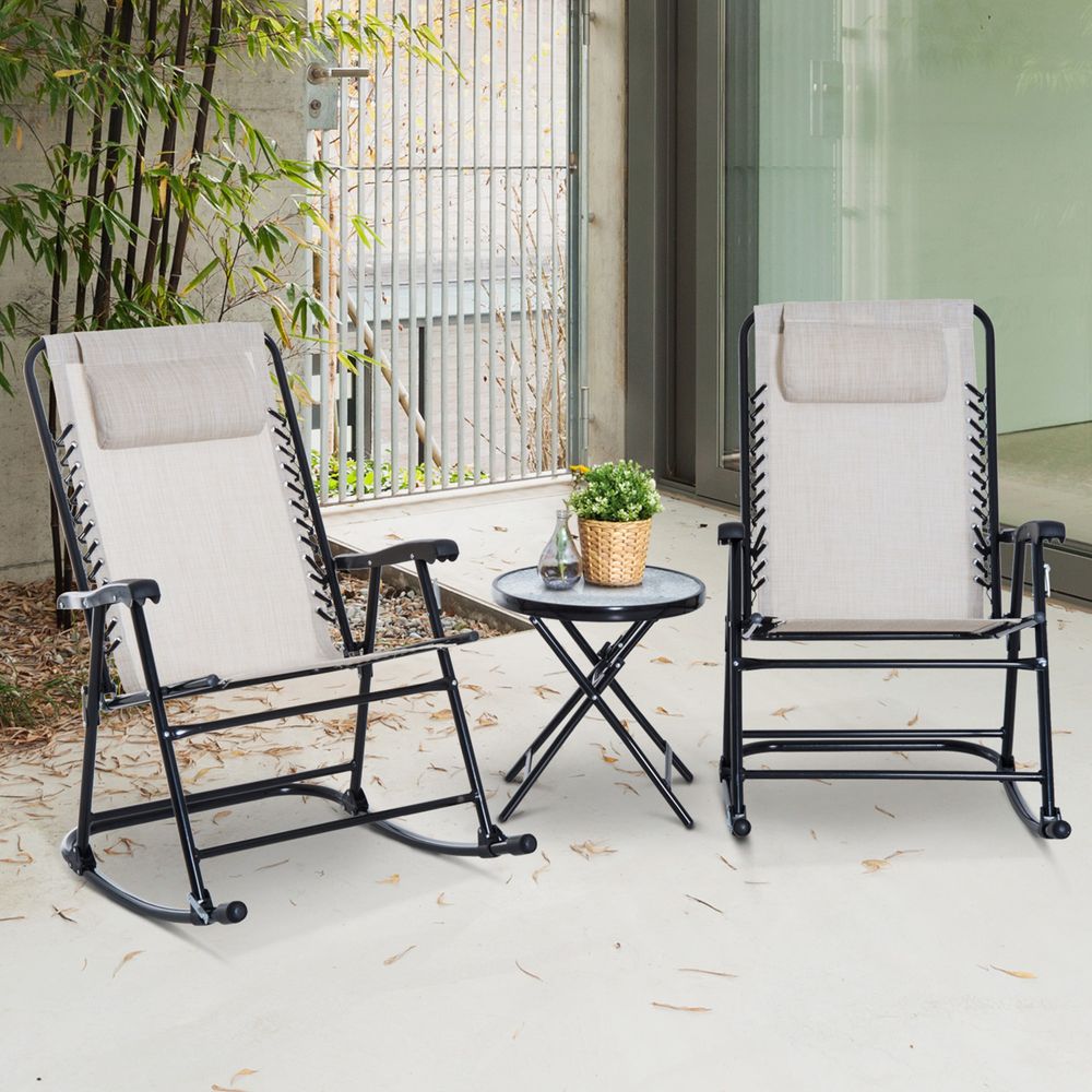 3 Piece Rocking Bistro Set, 2 Folding Chairs & 1 Tempered Glass Table, Beige - anydaydirect