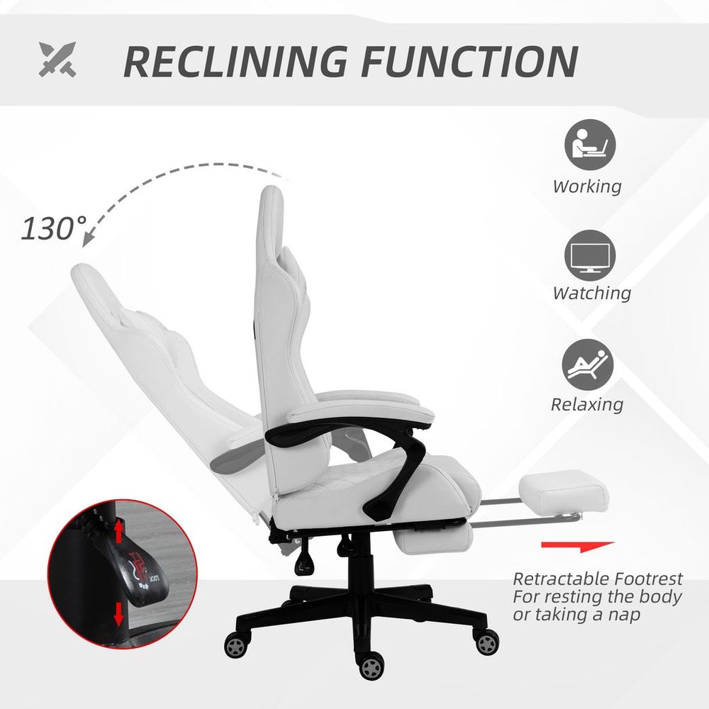Racing Gaming Chair PU Leather Gamer Recliner Home Office, White - anydaydirect