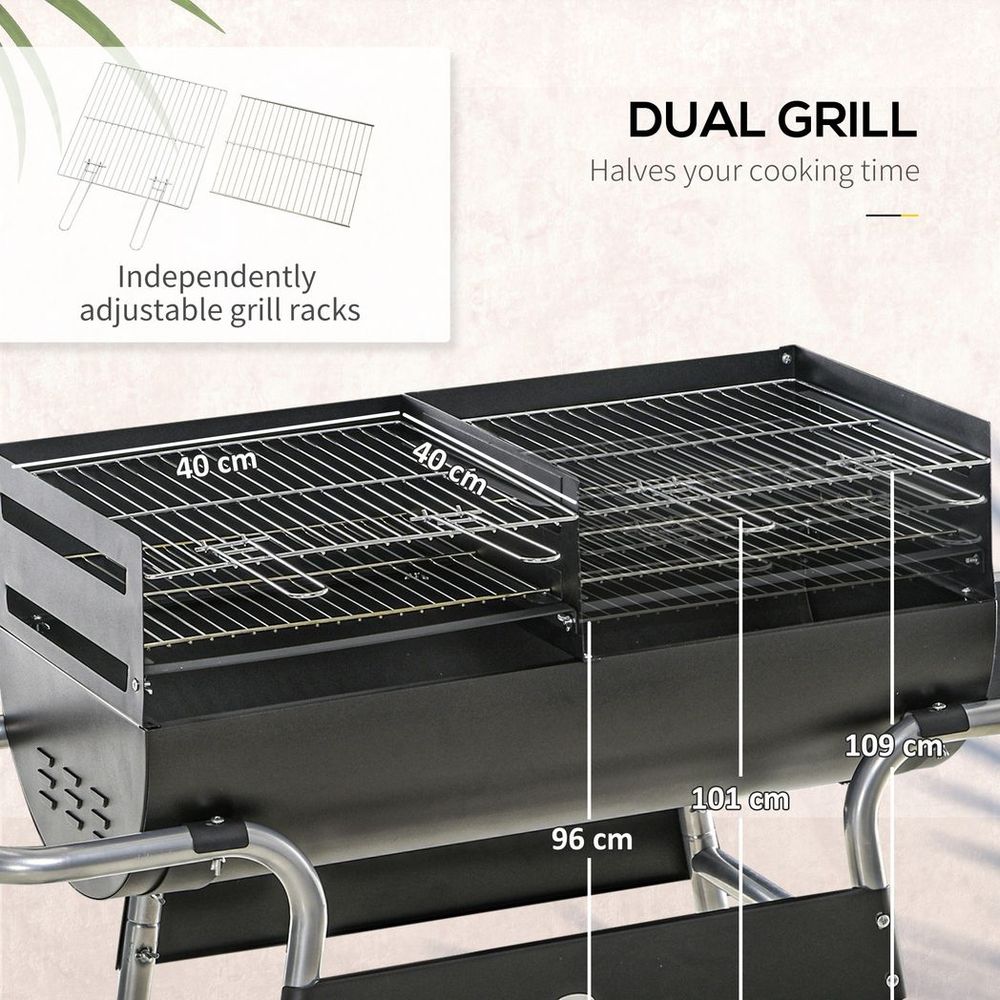 Outsunny Charcoal BBQ Grill with Double Grill, Table, Storage Shelf and Wheels - anydaydirect