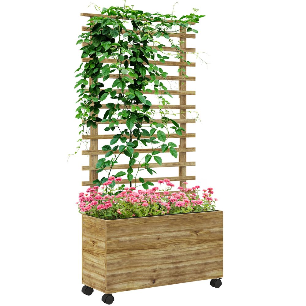 Outsunny Garden Wooden Trellis Planter Box Raised Bed w/ 4 Wheels, Natural - anydaydirect