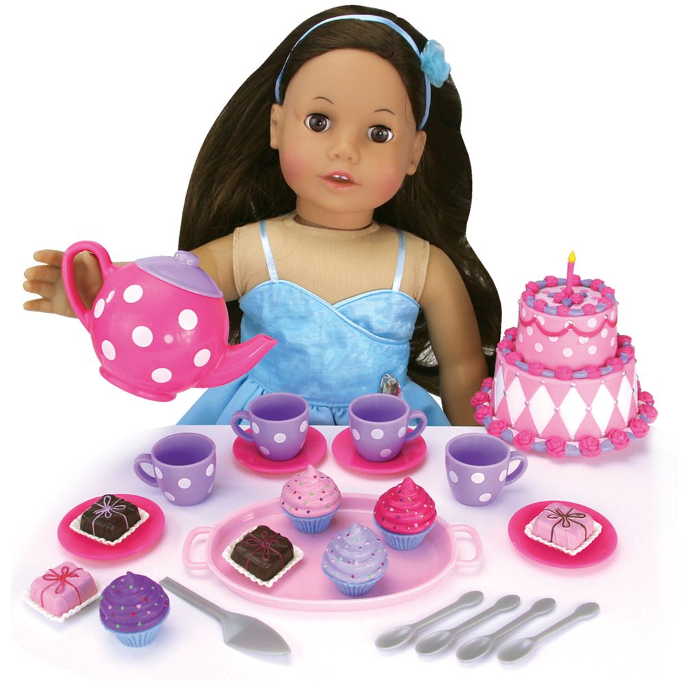 25 Piece Complete Cake & Tea Party Accessories Set Teapot, Teacups 18" Dolls - anydaydirect