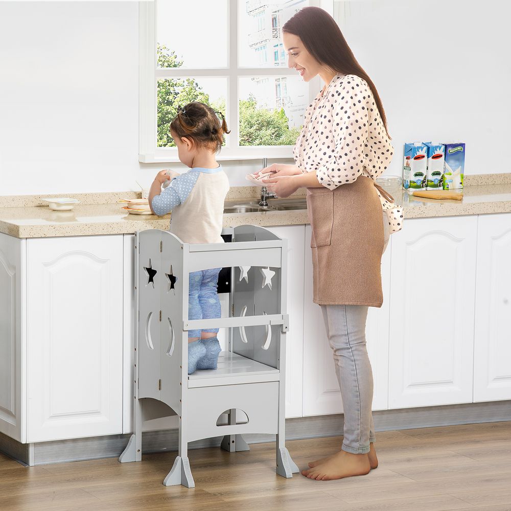 Kids Step Stool Toddler Kitchen Stool with Blackboard Lockable Handrail - anydaydirect