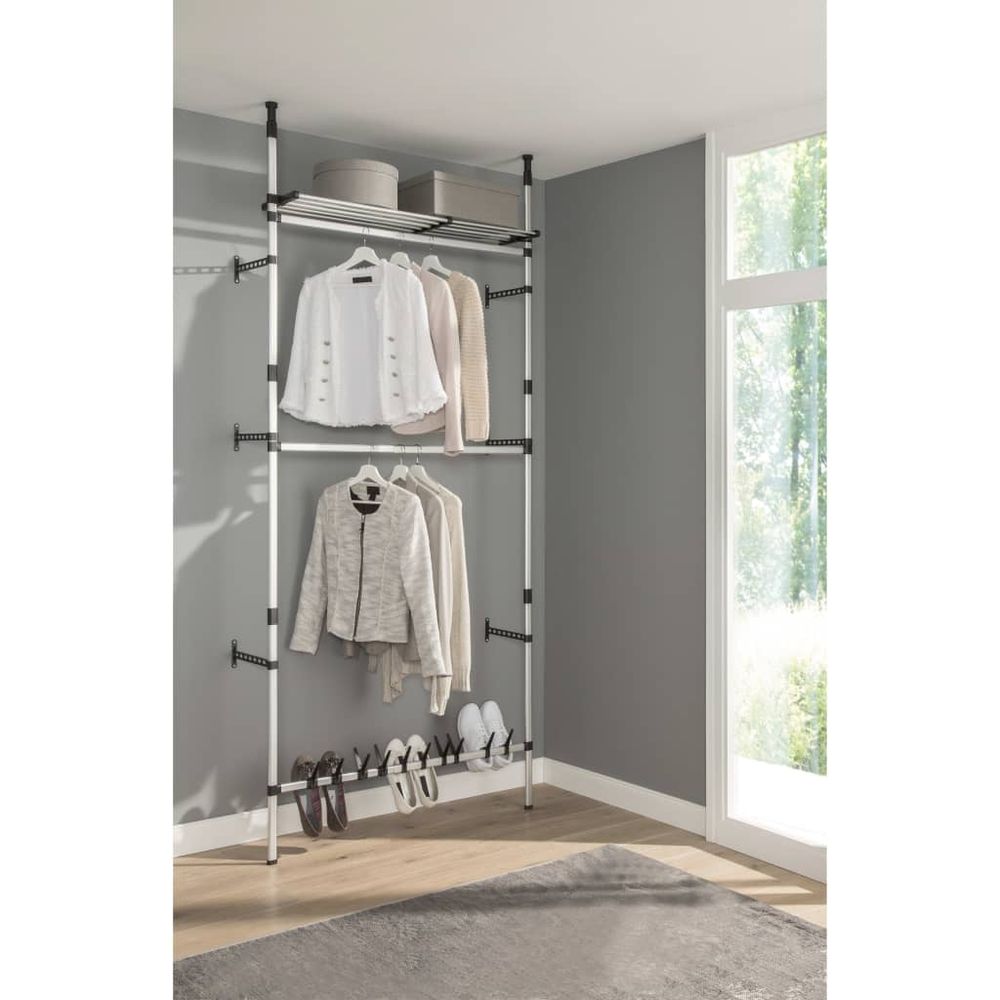 Telescopic Wardrobe System with Rods and Shelf Aluminium - anydaydirect