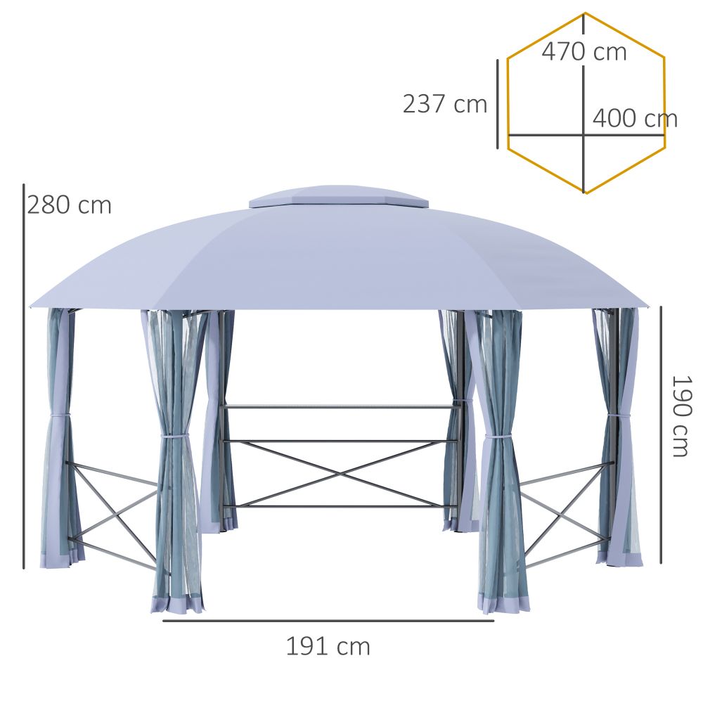 4x4.7m Metal Gazebo Canopy, Hexagon Shape Garden Net, Steel Frame, Grey - anydaydirect