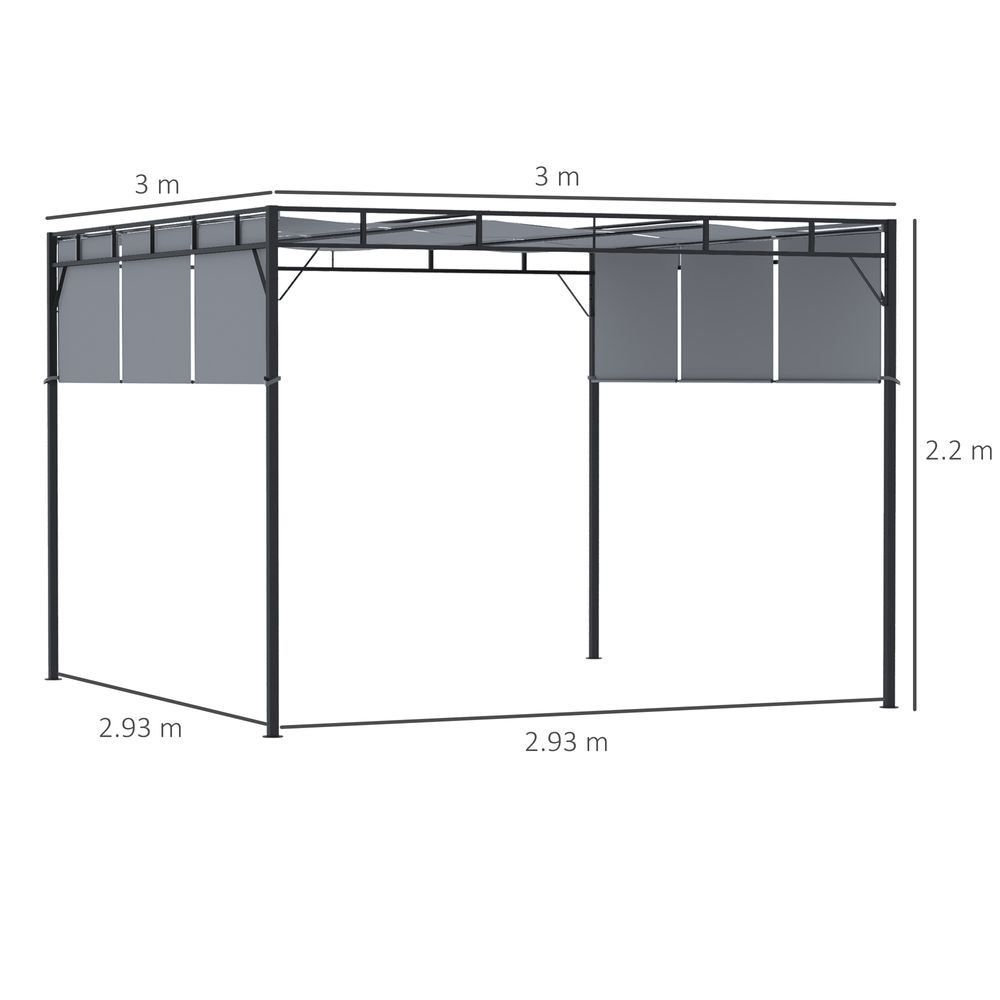 3x3m Steel Pergola Gazebo Garden Retractable Roof Canopy Dark Grey - anydaydirect