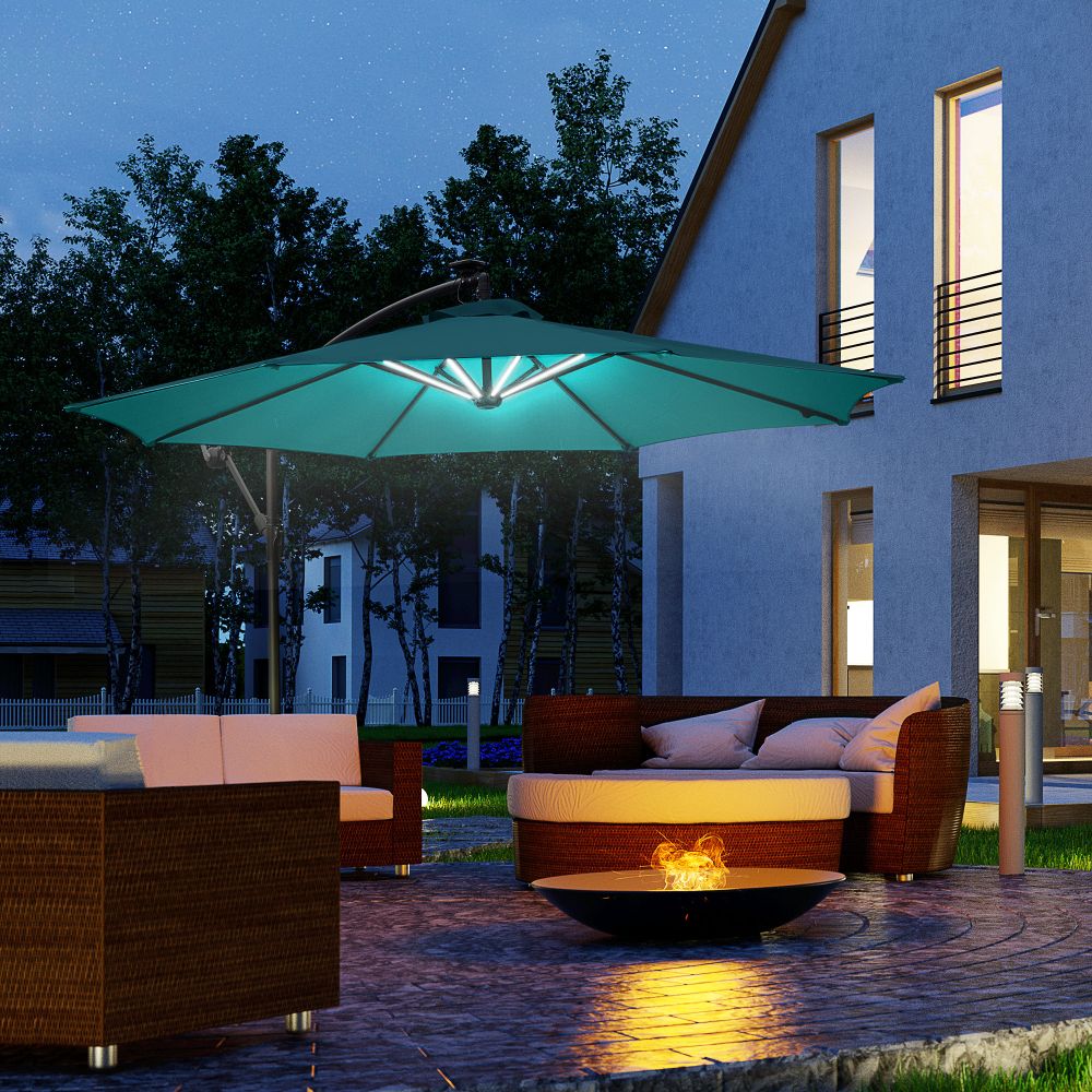 3(m) LED Patio Banana Umbrella Cantilever Parasol w/ Crank, Green Outsunny - anydaydirect