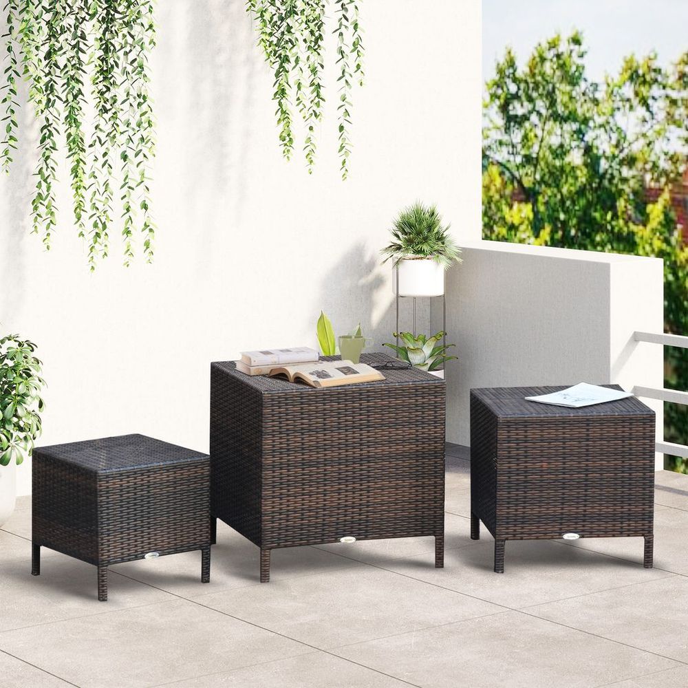 Rattan Nesting Table Set Three Piece Stacking Coffee Side Garden - anydaydirect