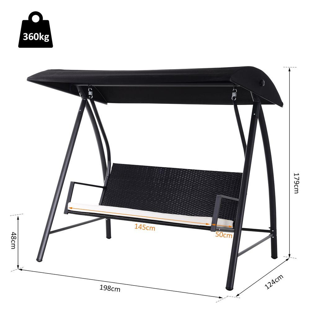 3-Seater Rattan Garden Swing Chair-Black - anydaydirect