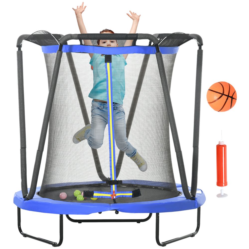 ZONEKIZ 4.6FT Kids Trampoline with Enclosure, Basketball, Sea Balls - Blue - anydaydirect