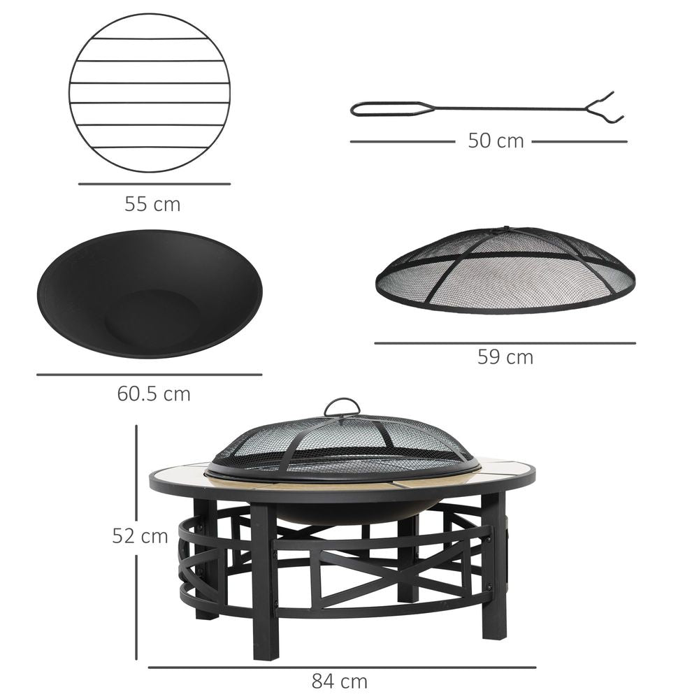 Metal Large Fire Pit, Outdoor Firepit Bowl Grill, Screen Cover, 84x84x52cm - anydaydirect