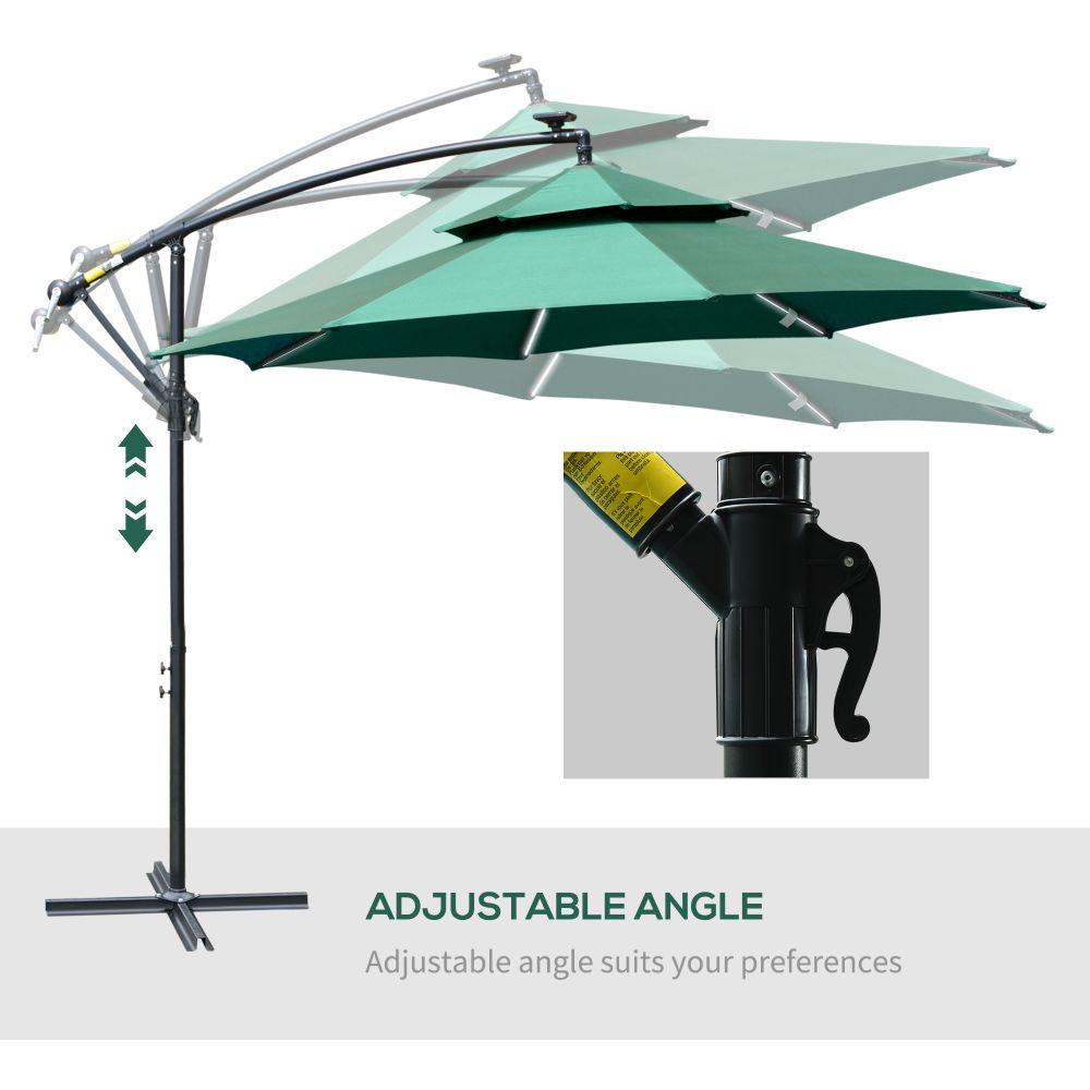 3m Cantilever Banana Parasol Double Roof, LED Solar Crank Green - anydaydirect