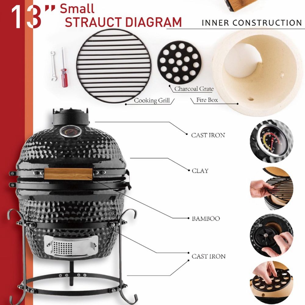 Cast Iron Ceramic Kamado Charcoal BBQ Oven Black - anydaydirect