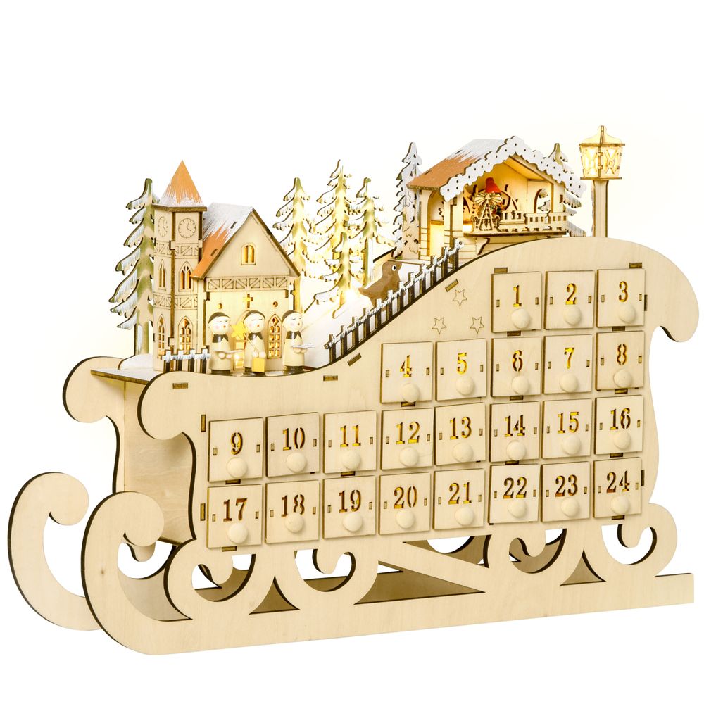 Christmas Advent Calendar 2021 Light Up Wooden Sleigh Countdown Natural - anydaydirect