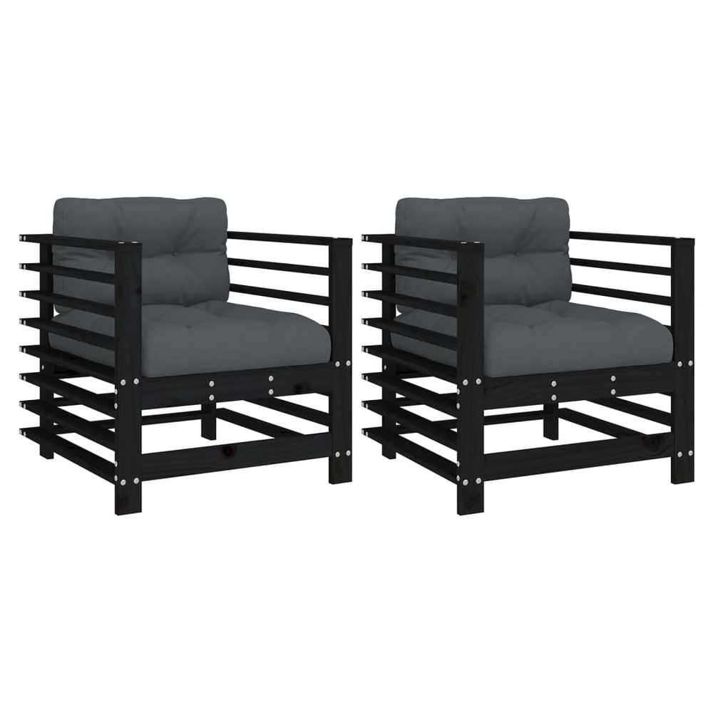 vidaXL Garden Chairs with Cushions 2 pcs Black Solid Wood Pine - anydaydirect