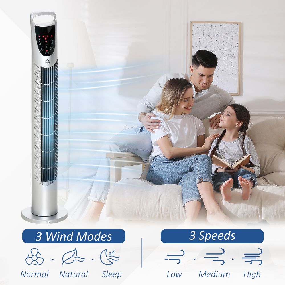 40W Wind Speed Adjustable ABS Quiet Oscillating Tower Fan w/ Remote Silver - anydaydirect